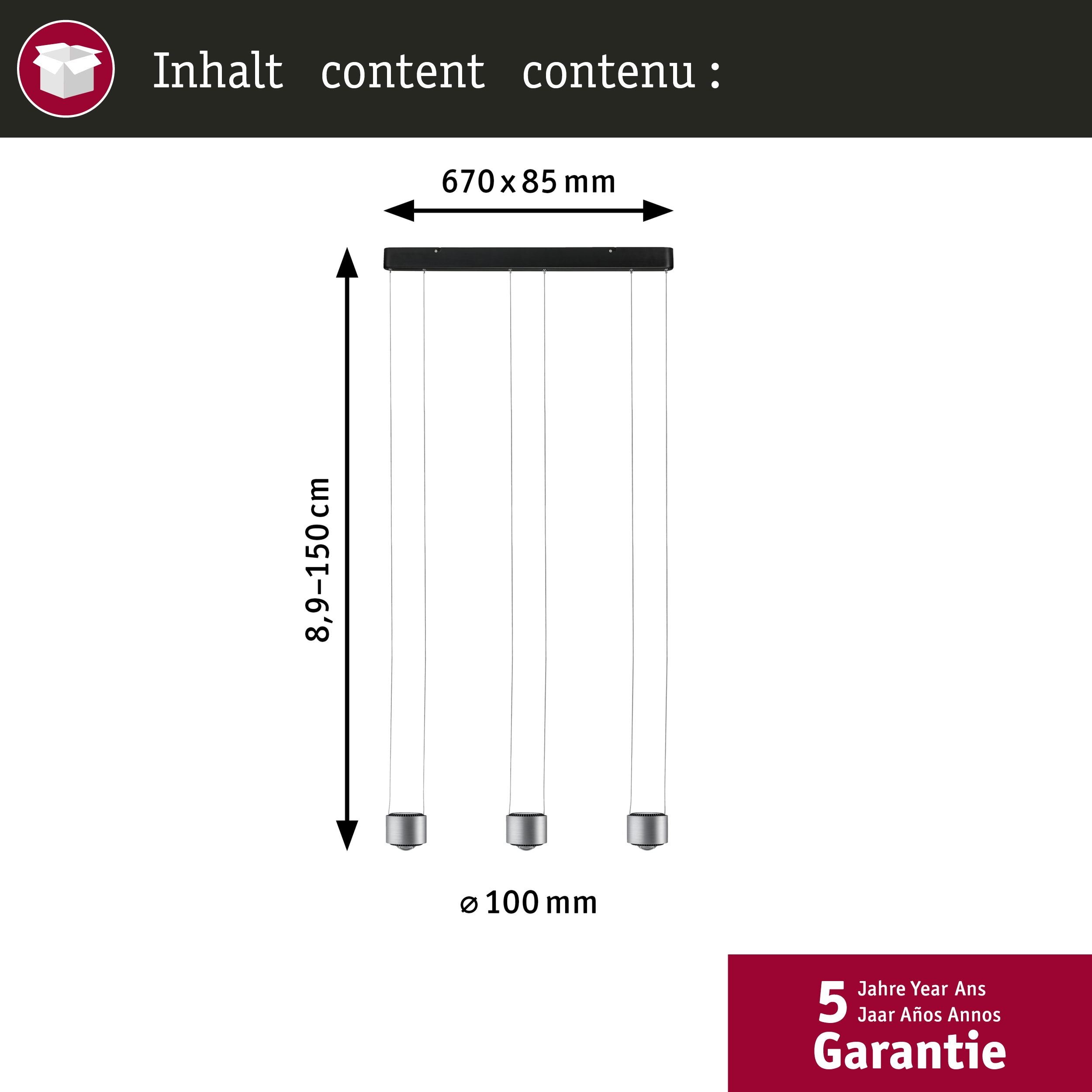 Drei Pendelleuchten mit Maßen 670x85mm und 8.9-150cm Höhe.
