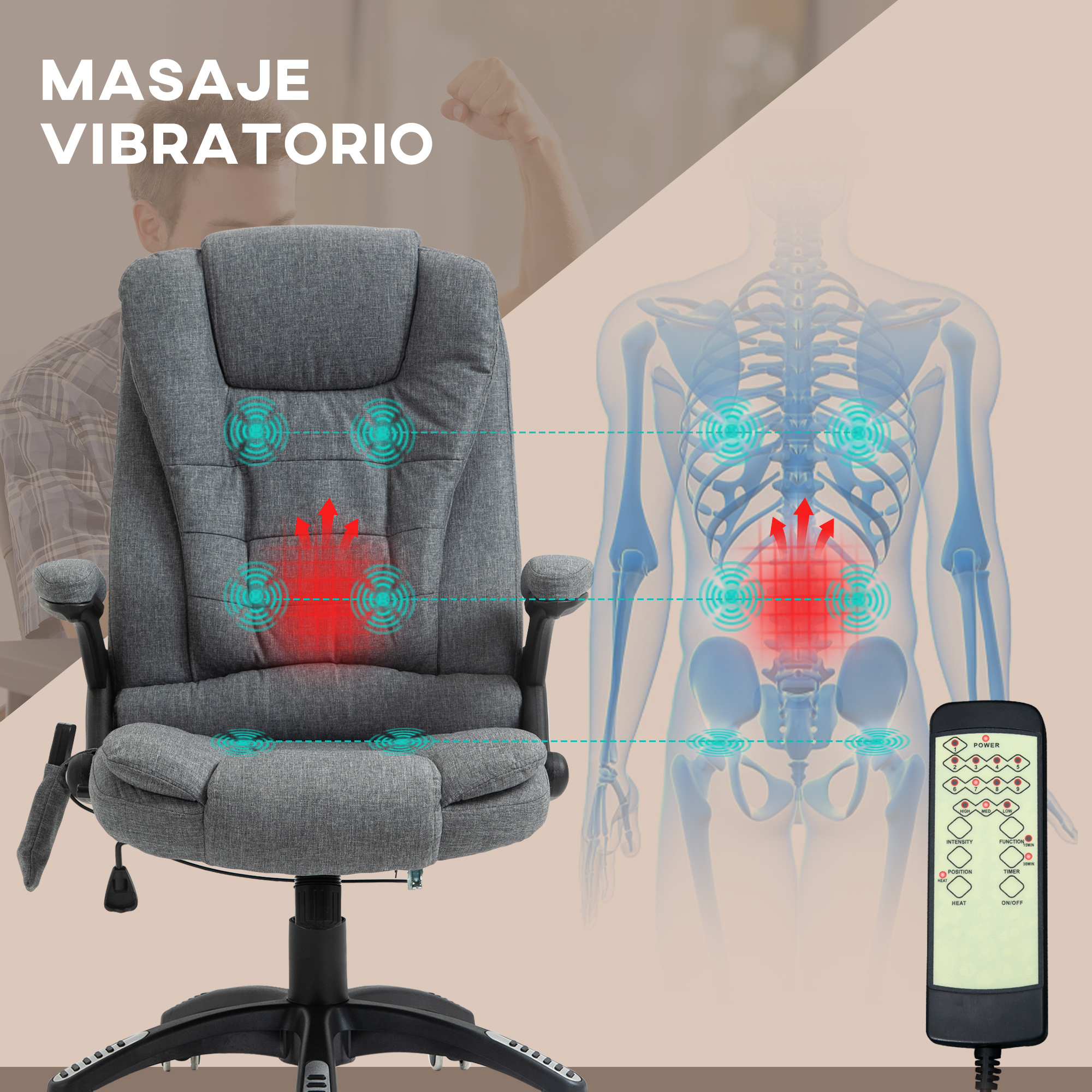 Sillón de masaje gris con mando y representación esquemática del cuerpo humano.