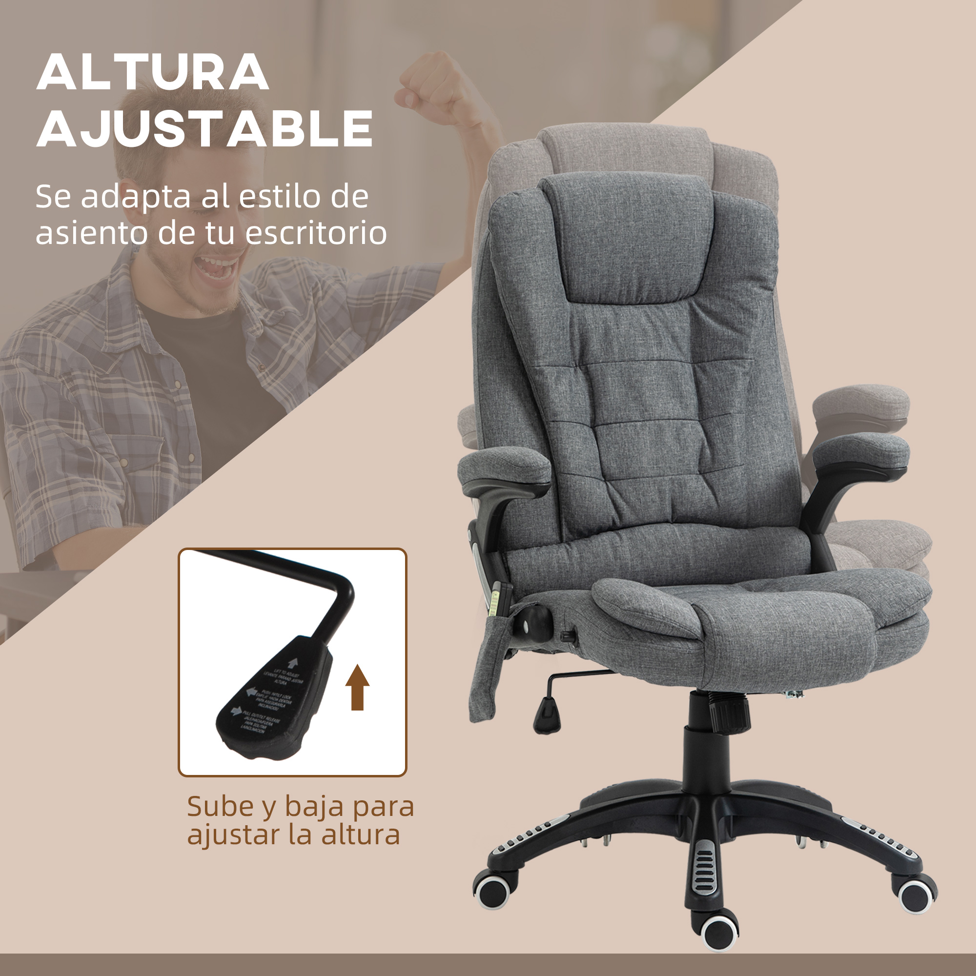 Silla de oficina gris con altura ajustable y un hombre animando al fondo.