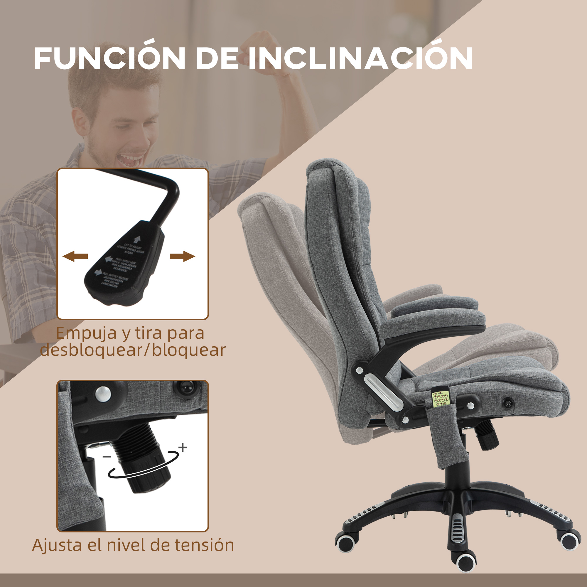 Silla de oficina gris con función de inclinación y palancas de ajuste. Primer plano de los controles.