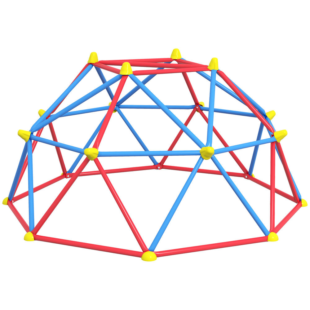 Una estructura de cúpula de escalada roja y azul con tapas amarillas.