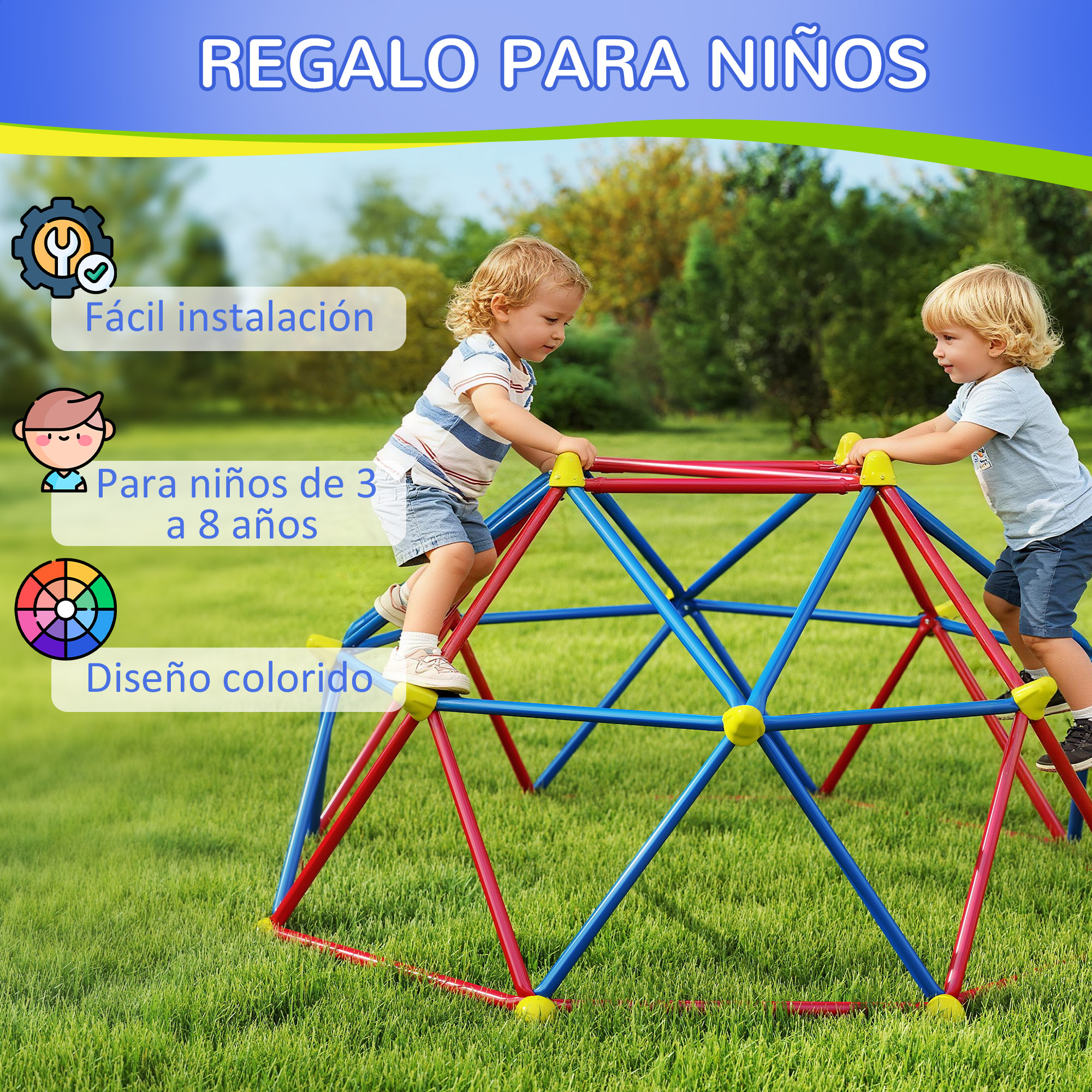 Dos niños trepan en una estructura de juegos colorida en el césped.
