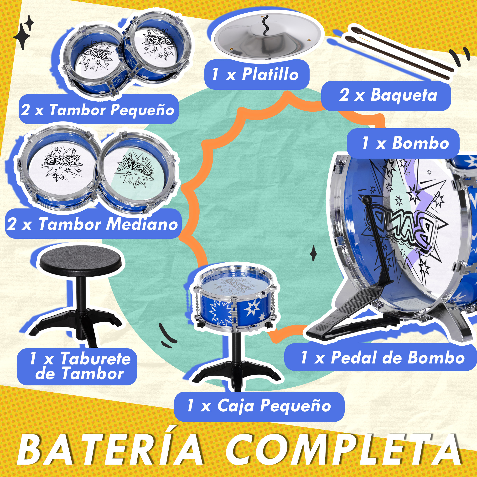 Un set de batería con tambores, platillo, baquetas, taburete y pedal de bombo.