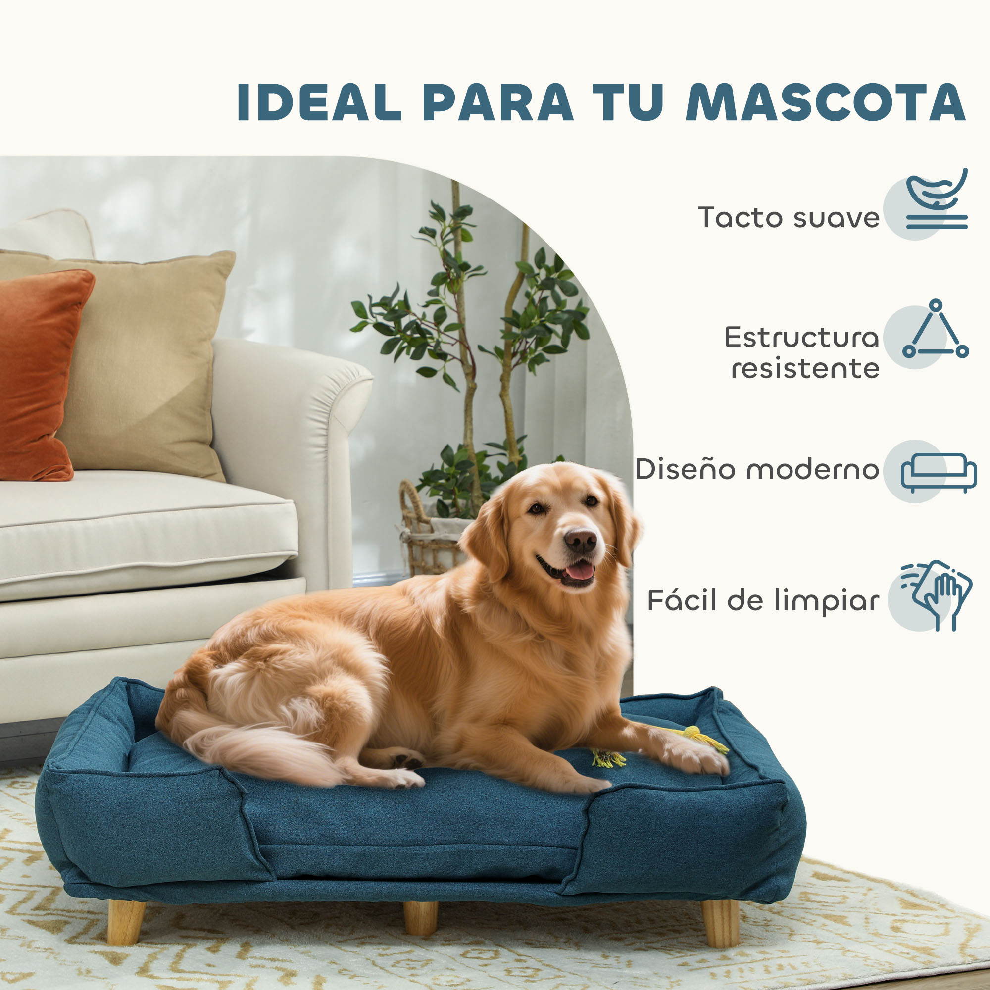 Un golden retriever yace en una cama para perros azul frente a un sofá.