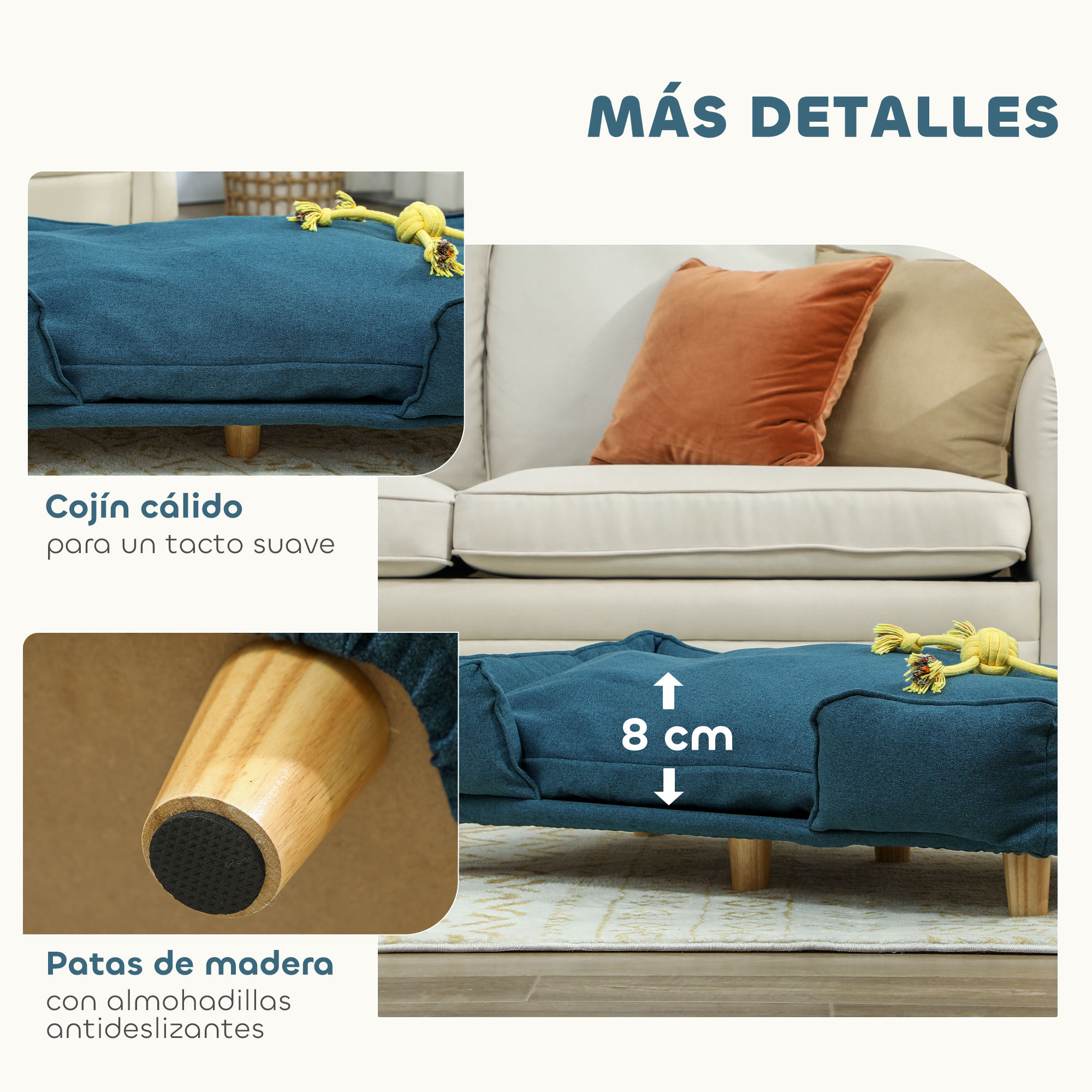 Cama azul para perro con patas de madera. Altura 8 cm.