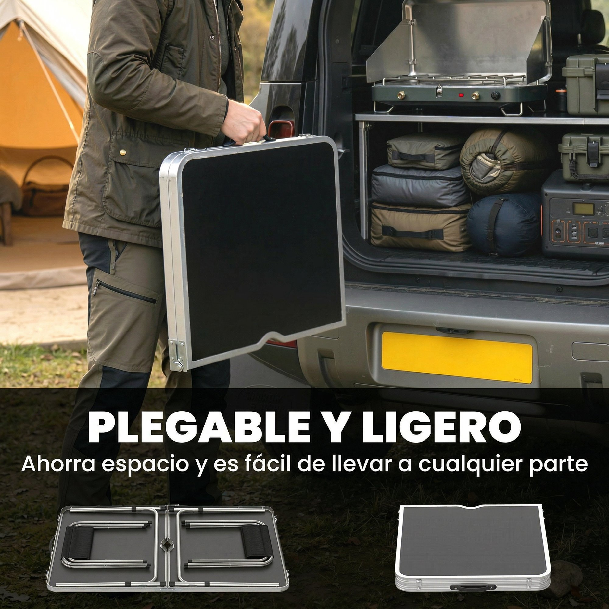 Persona con mesa plegable cerca de un coche con equipo de camping.