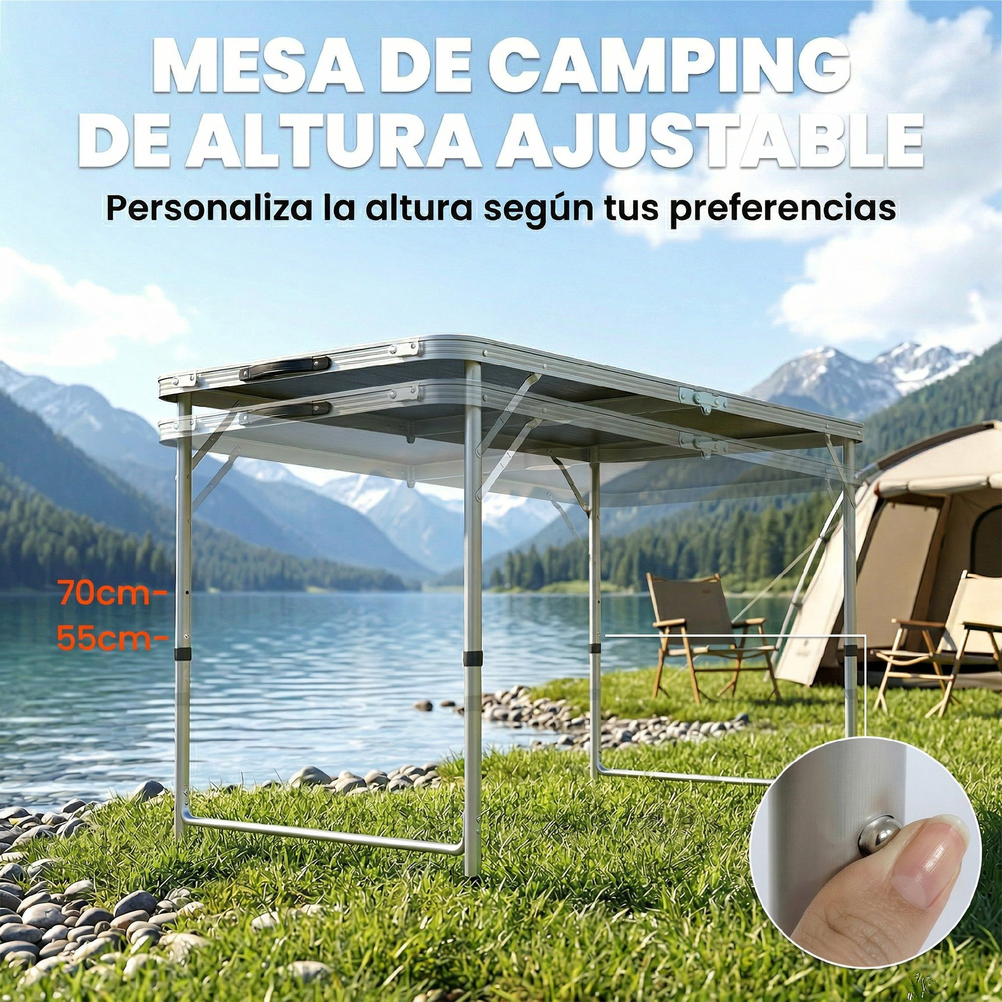 Una mesa de camping ajustable se alza junto a un lago con montañas al fondo.