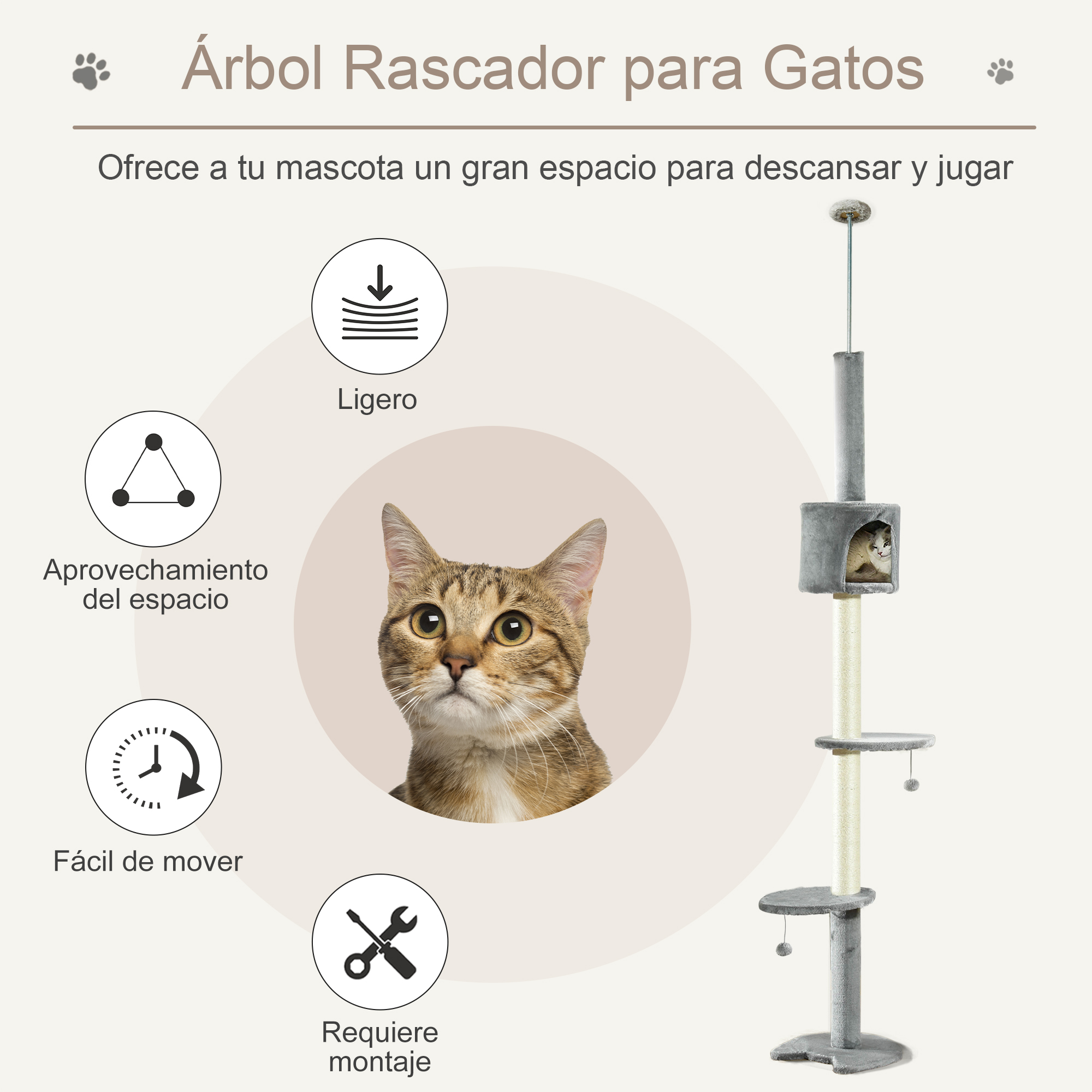 Un árbol rascador para gatos con un gatito descansando e íconos de características.