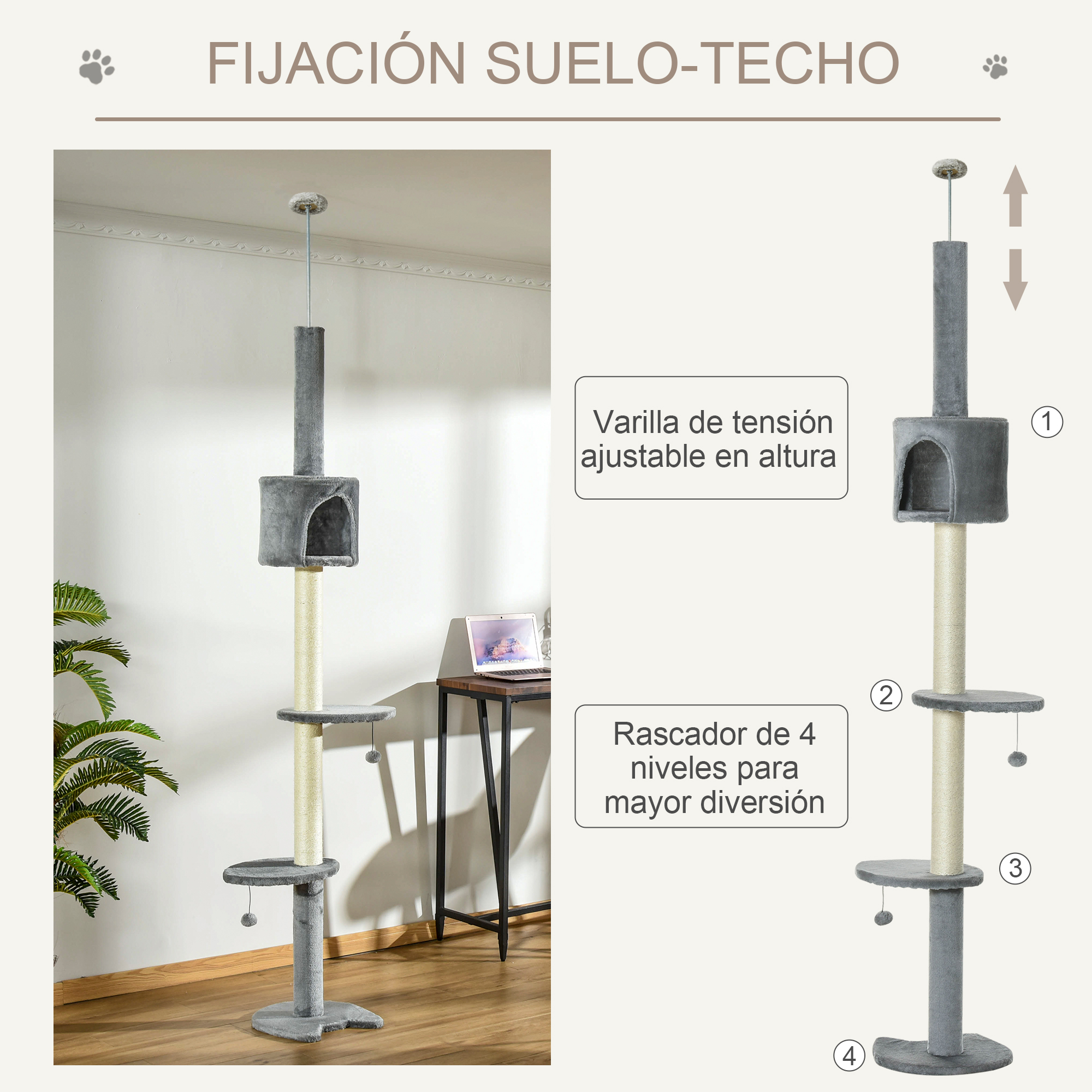 Árbol rascador gris de varios niveles con juguetes colgantes, montado de suelo a techo.