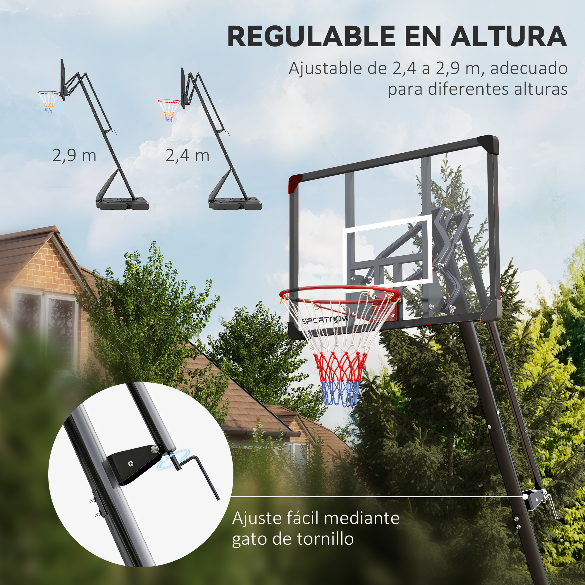 Una canasta de baloncesto con altura regulable de 2,4 a 2,9 metros.