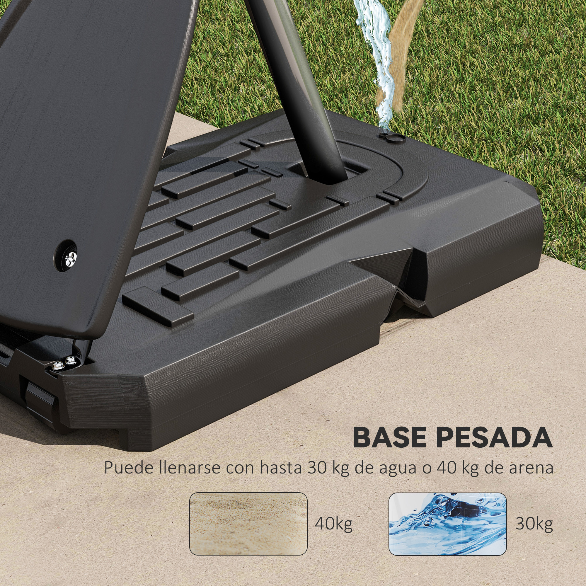 Base negra con chorro de agua, 40kg arena, 30kg agua.