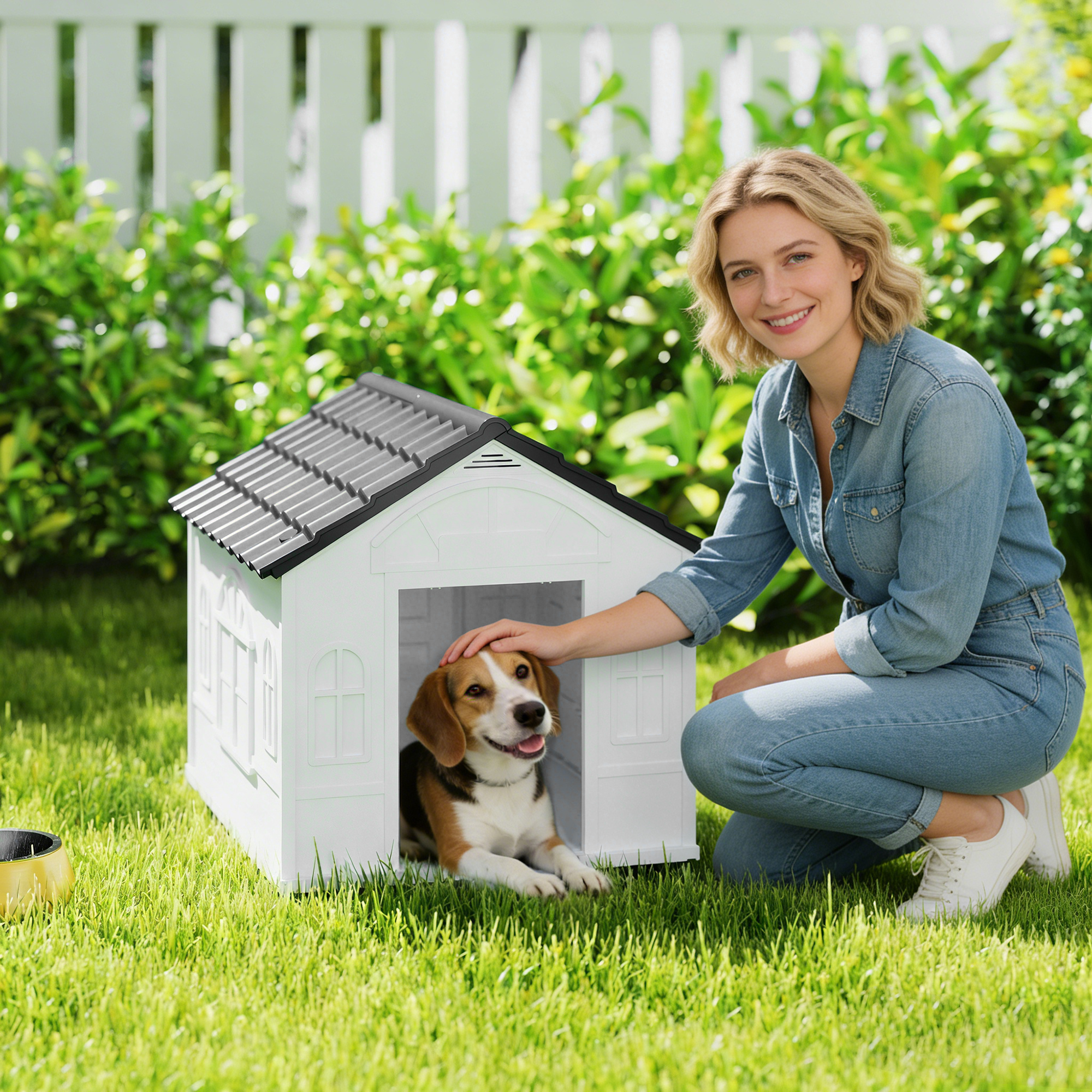Mujer acariciando Beagle en caseta blanca en jardín. Seto verde.