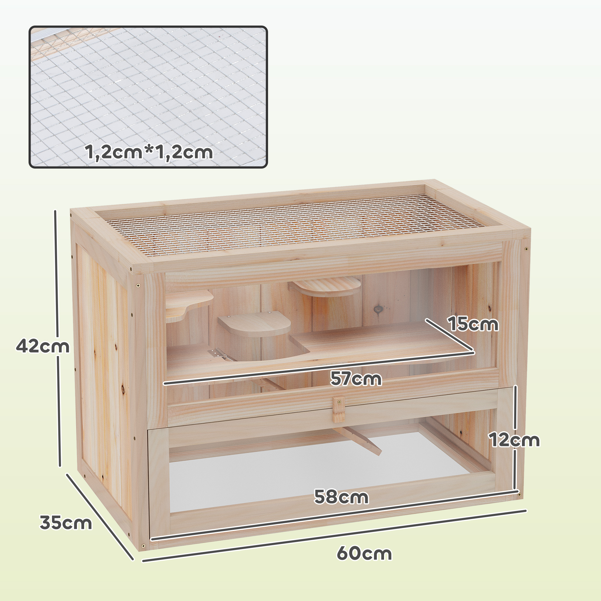 Jaula de madera con techo de rejilla, varios niveles y cajón. Se muestran las dimensiones.