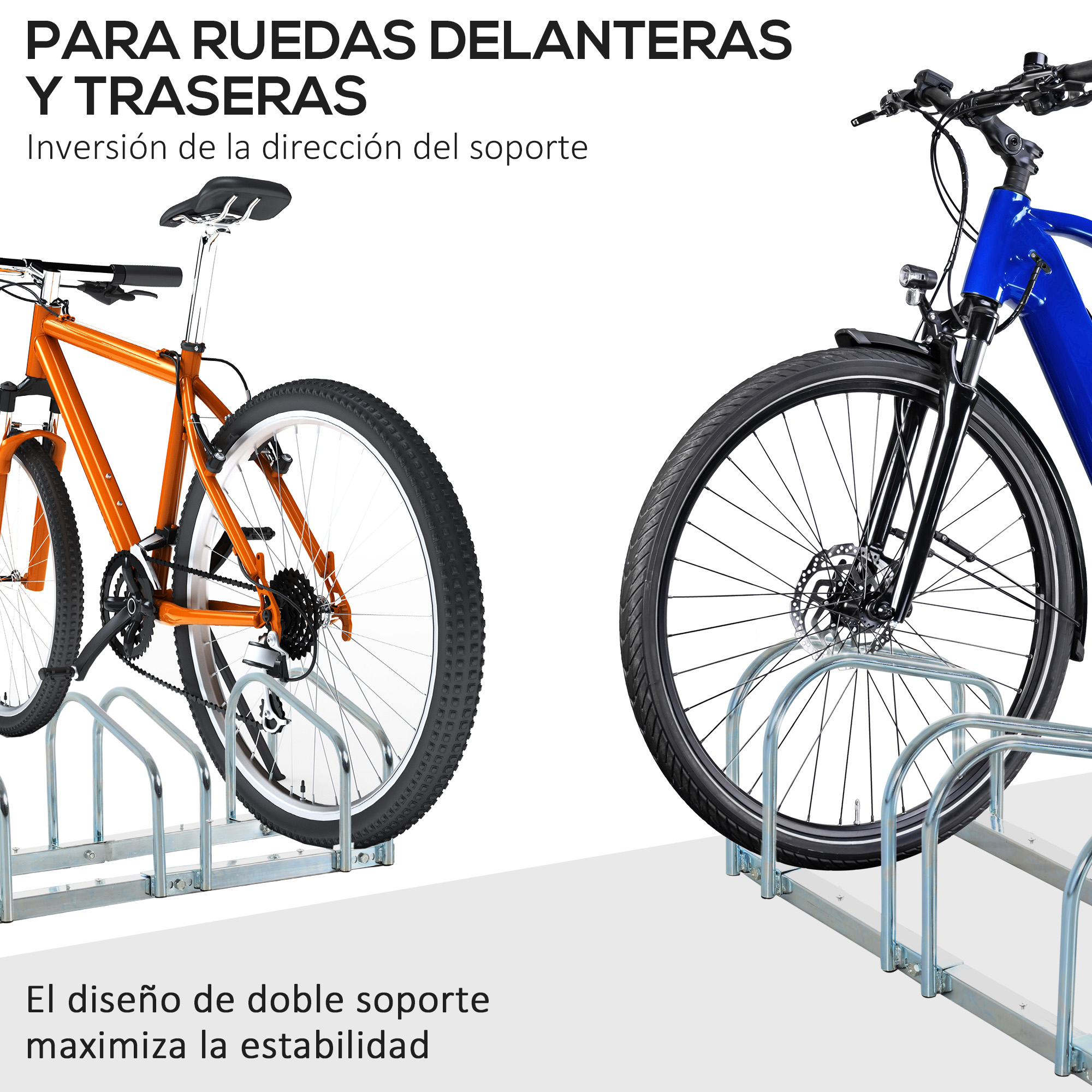 Una bicicleta naranja y una azul están en un aparcamiento.