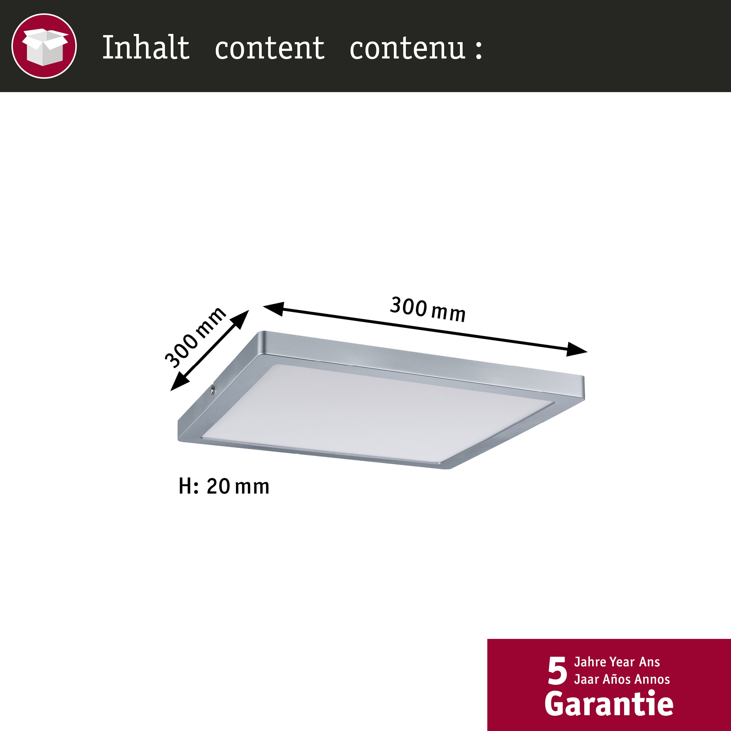 Ein rechteckiges LED-Panel mit den Maßen 300x300x20 mm.
