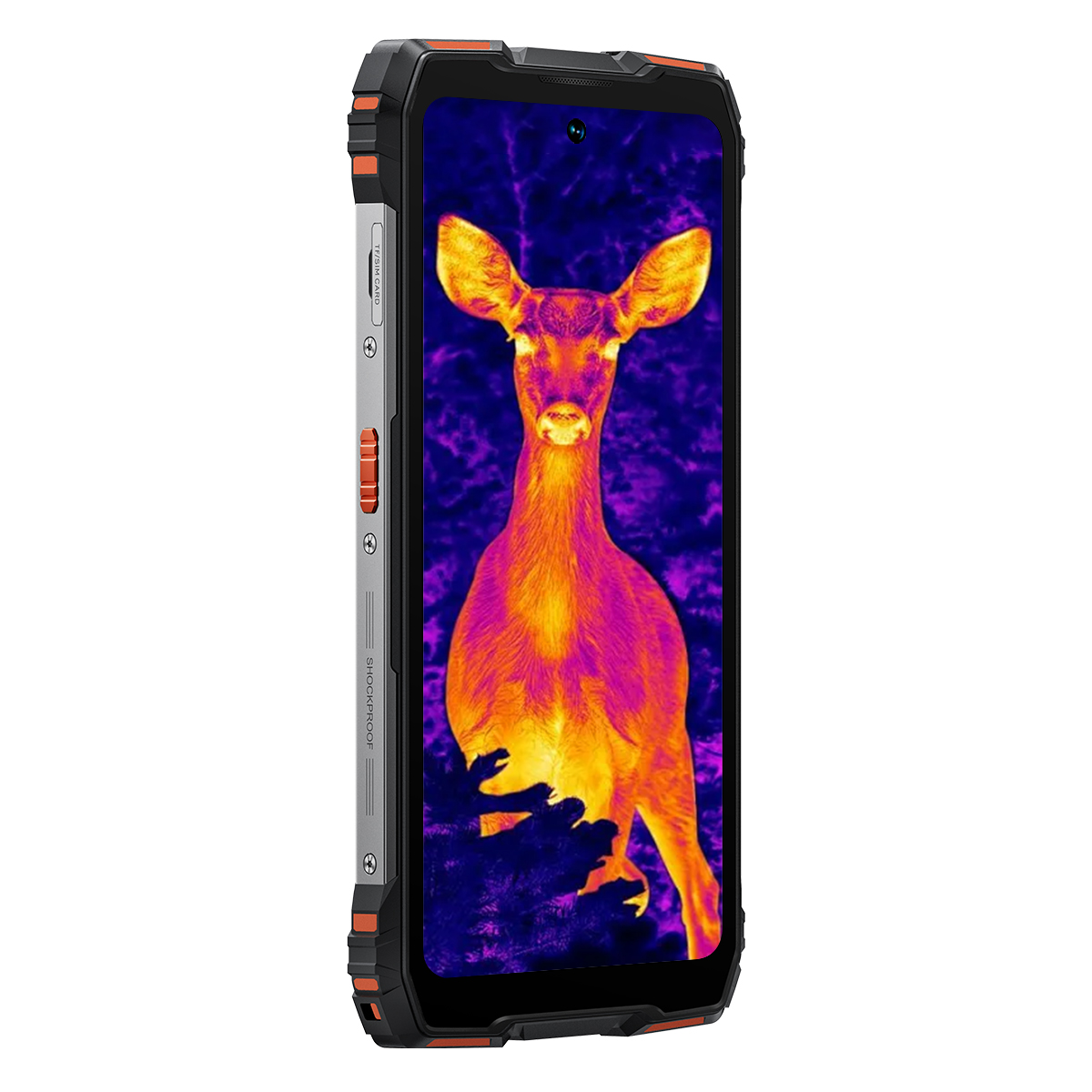 Smartfon wyświetla obraz termowizyjny jelenia na niebieskim tle.