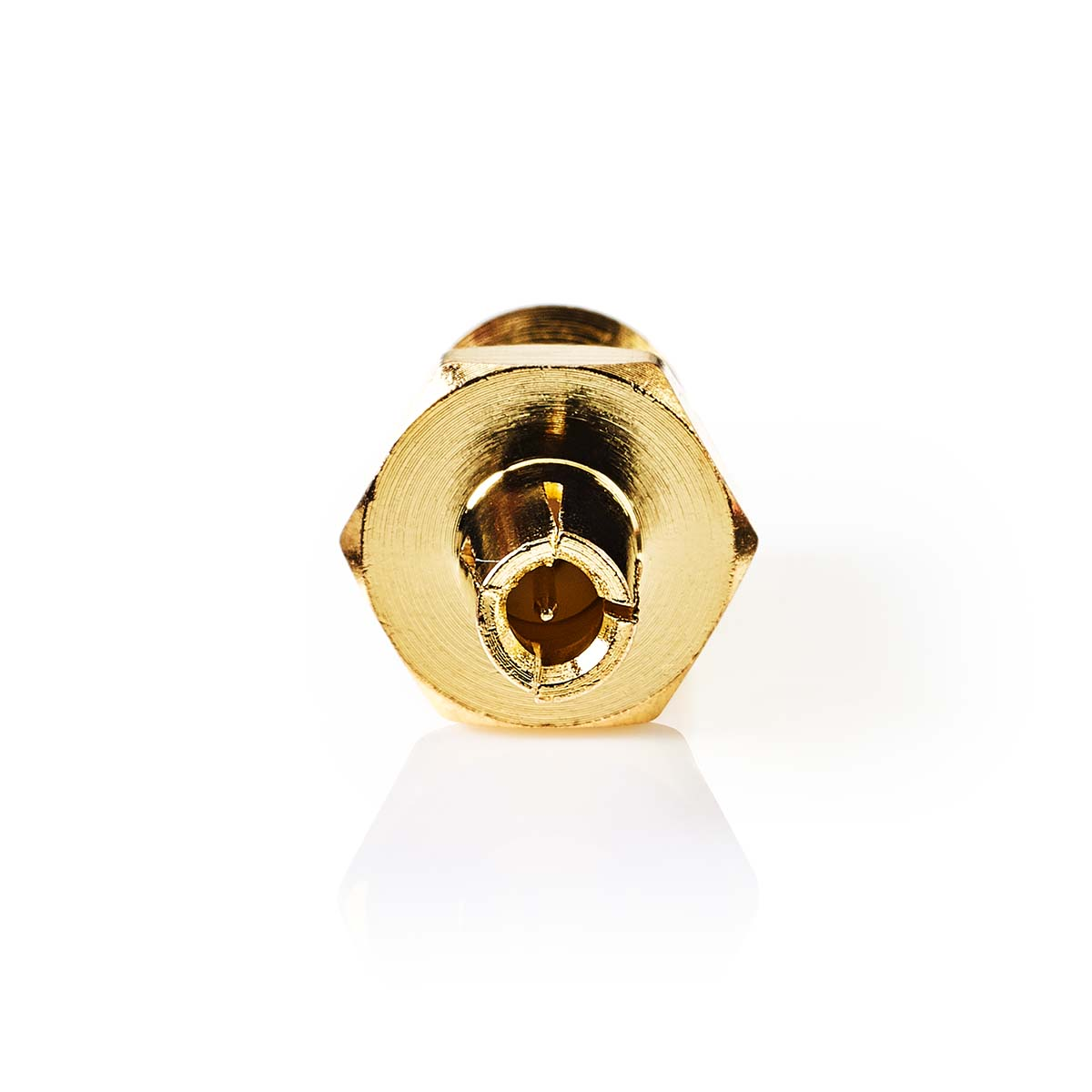 Gold connector with hexagonal housing and exposed center pin.