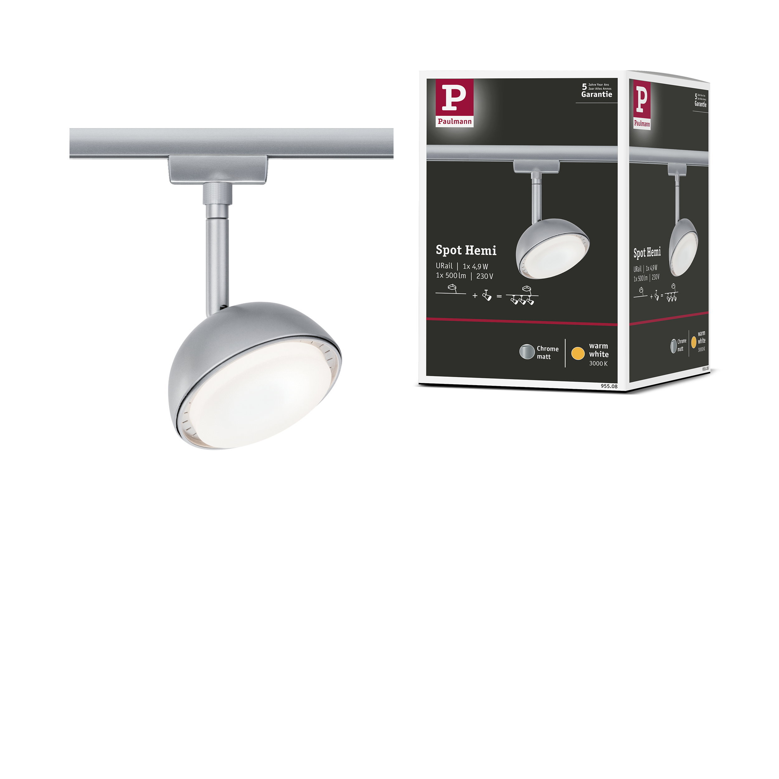 Srebrny spot Paulmann Hemi z ciepłym białym światłem na szynie.