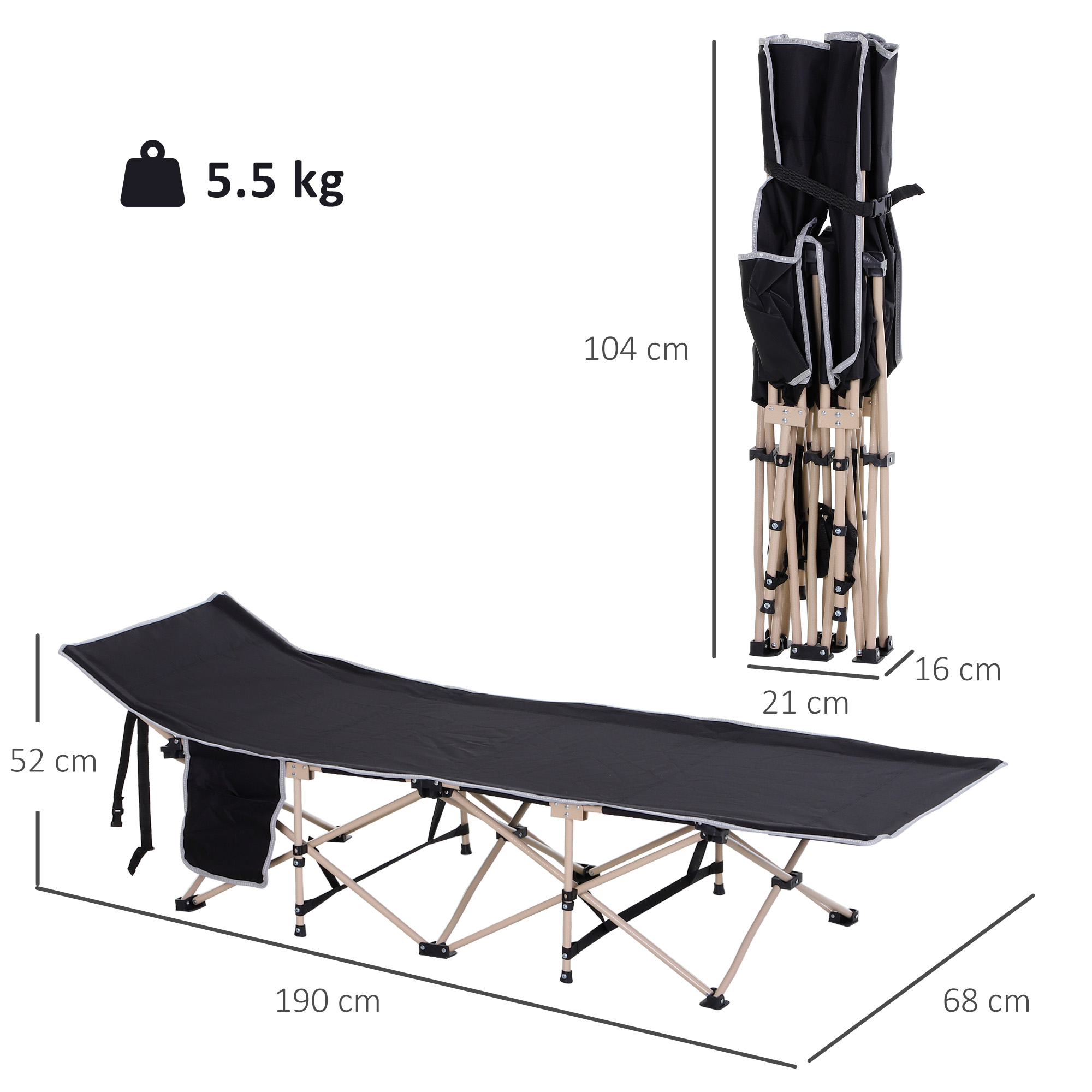 Una cama plegable negra con marco de aluminio, pesa 5,5 kg, mide 190x68x52 cm.