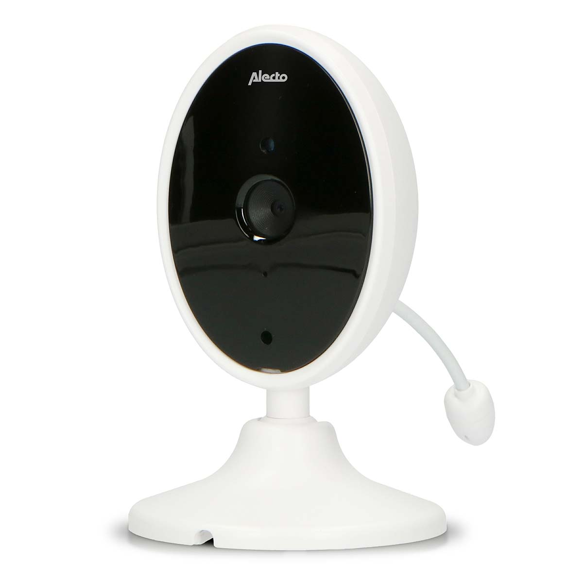 Eine weiße Babyphone-Kamera mit schwarzer Vorderseite und Alecto-Logo.