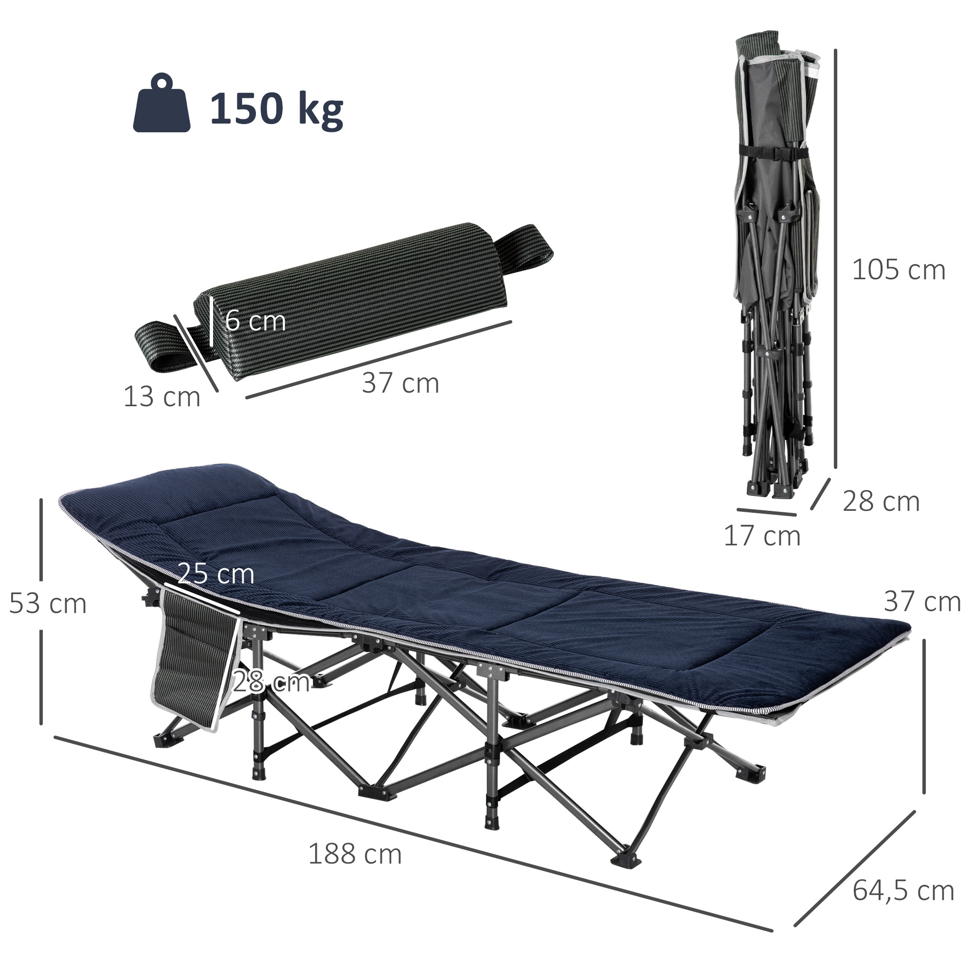 Cama plegable con dimensiones y carga máxima de 150 kg.
