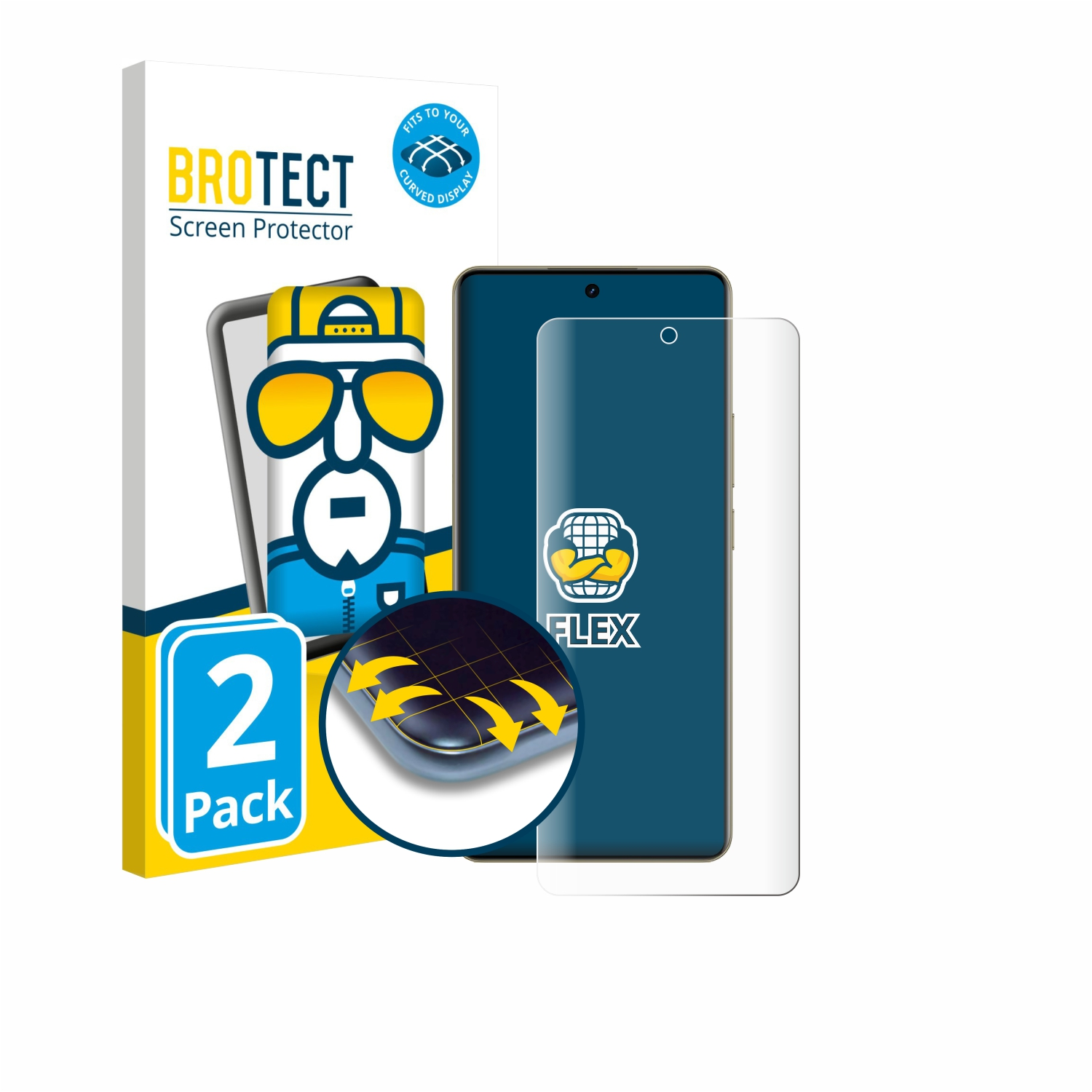 BROTECT Displayschutzfolie: 2er-Pack mit Smartphone-Abbildung und Cartoon-Figur.