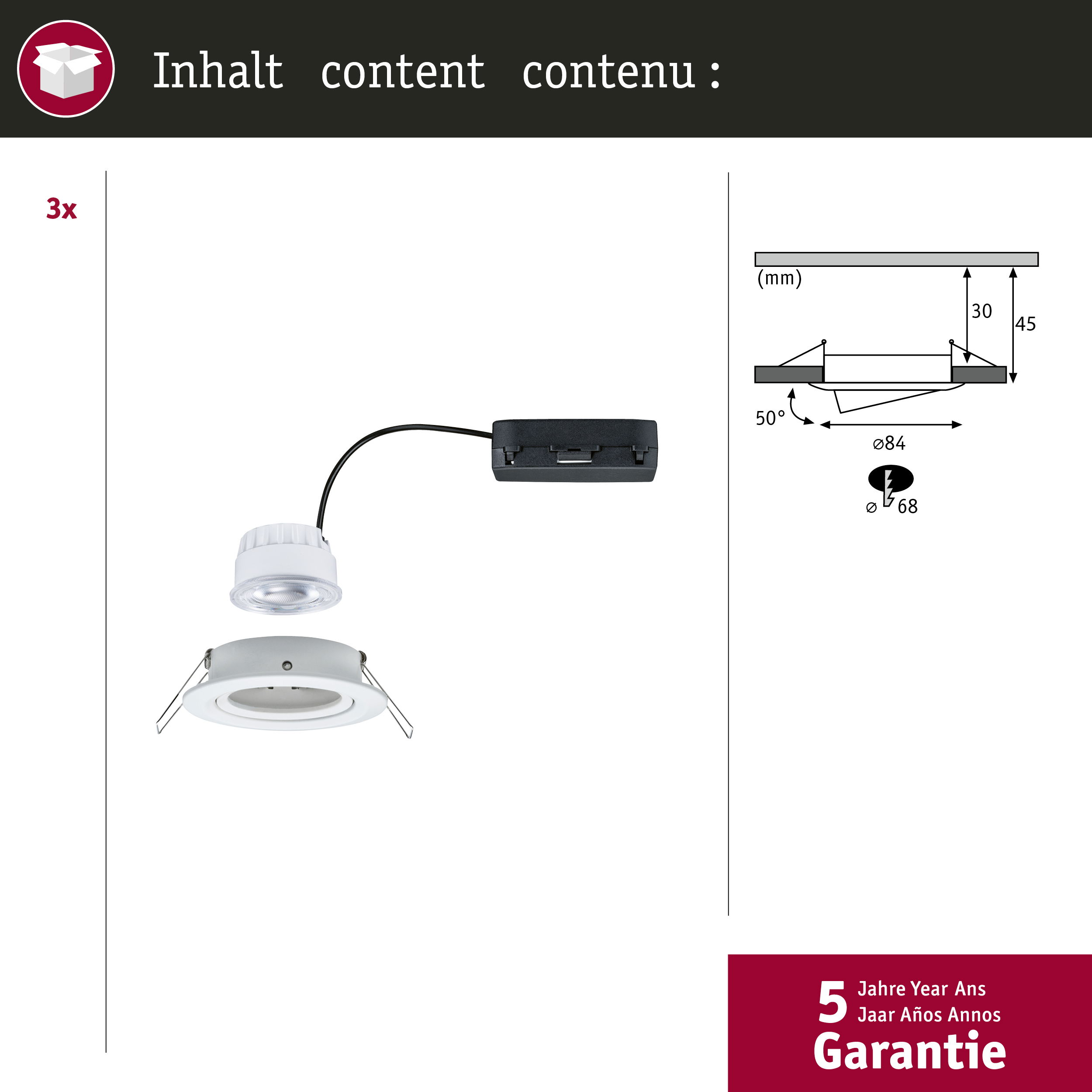 Lampa wpuszczana z zasilaczem i rysunkiem montażowym z wymiarami.