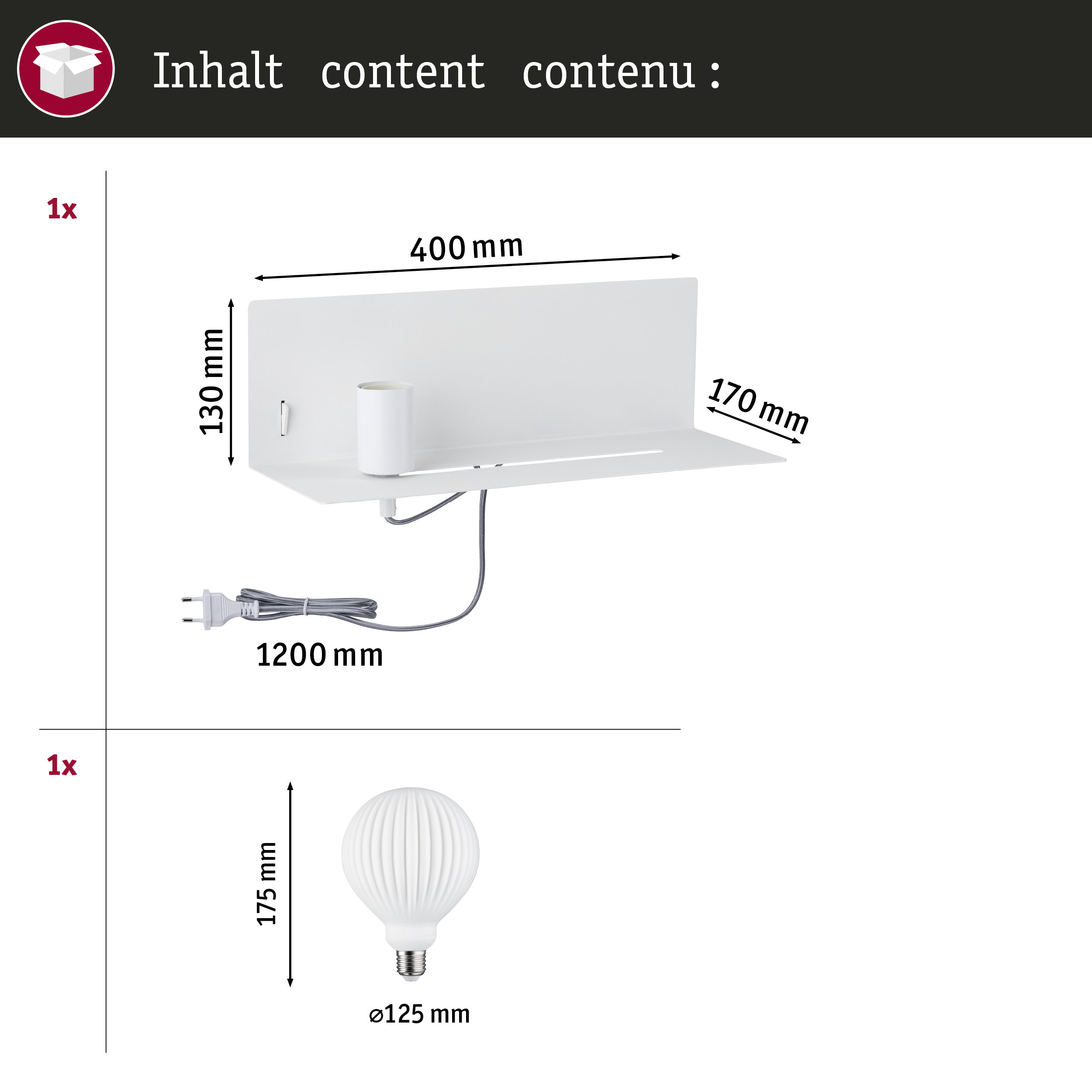 Weiße Wandlampe mit Ablage, 400x130x170mm, inklusive Glühbirne.