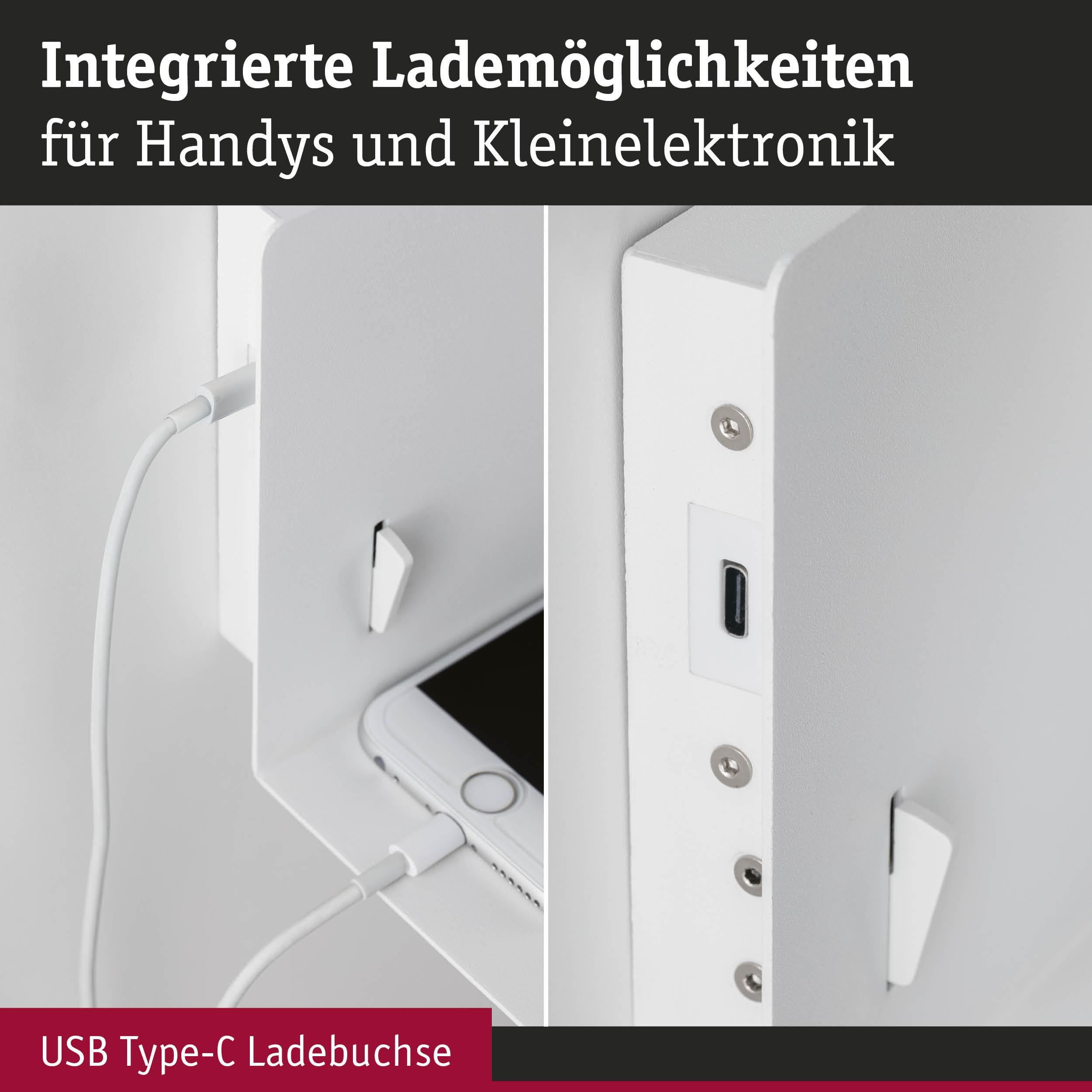 Weiße Ladeeinheit mit USB-C-Anschluss und Ladekabel, die ein Smartphone lädt.