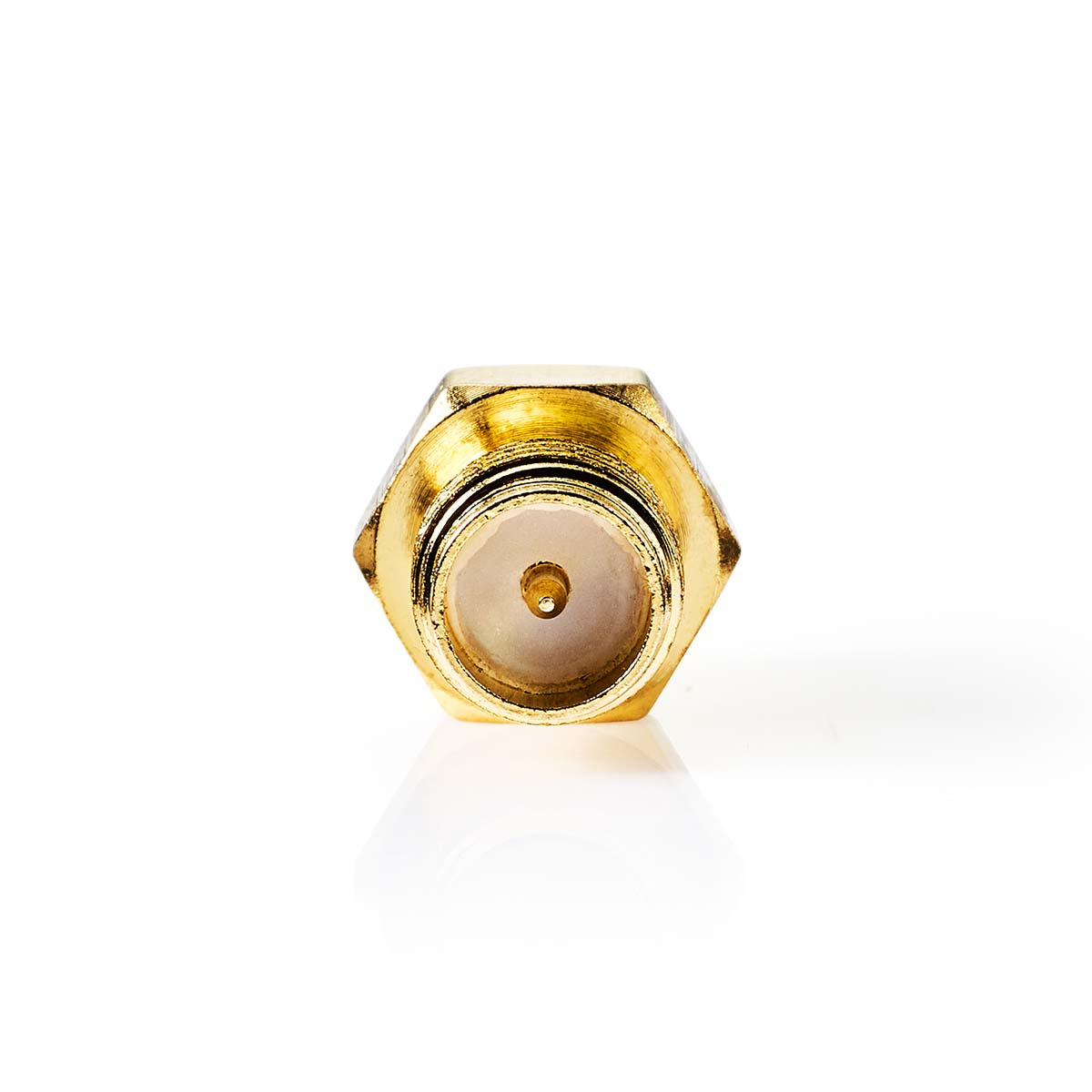 Gold SMA connector with hexagonal body and central pin.