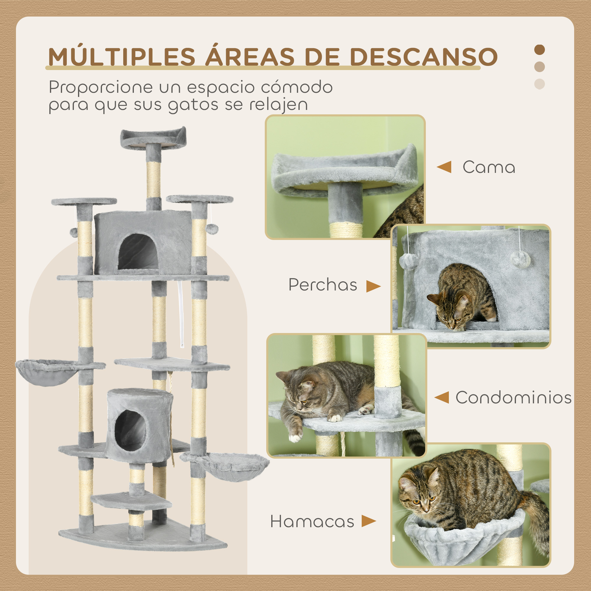 Árbol para gatos gris con hamacas, perchas, condominios y postes rascadores.