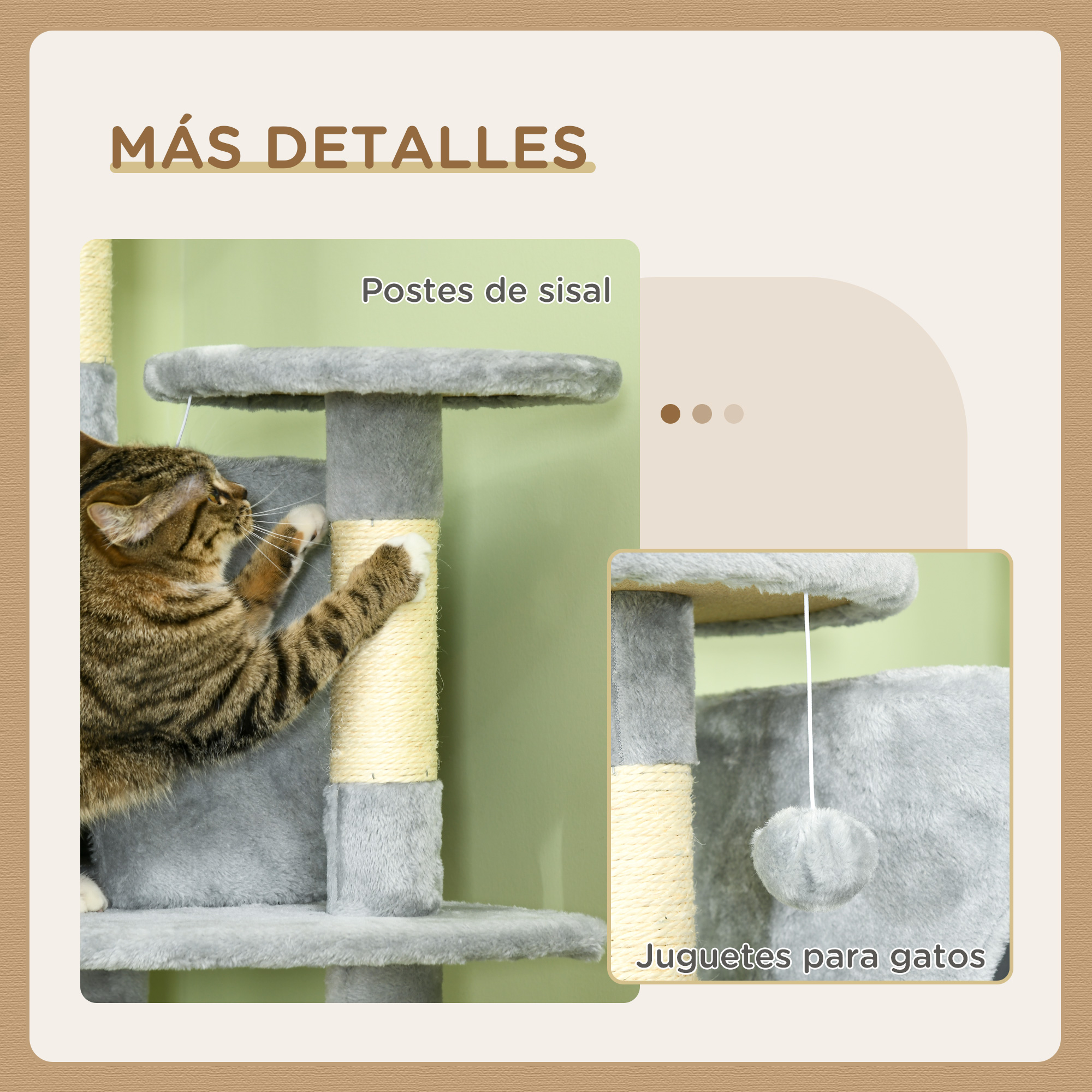 Un gato trepa un árbol para gatos gris con postes de sisal.