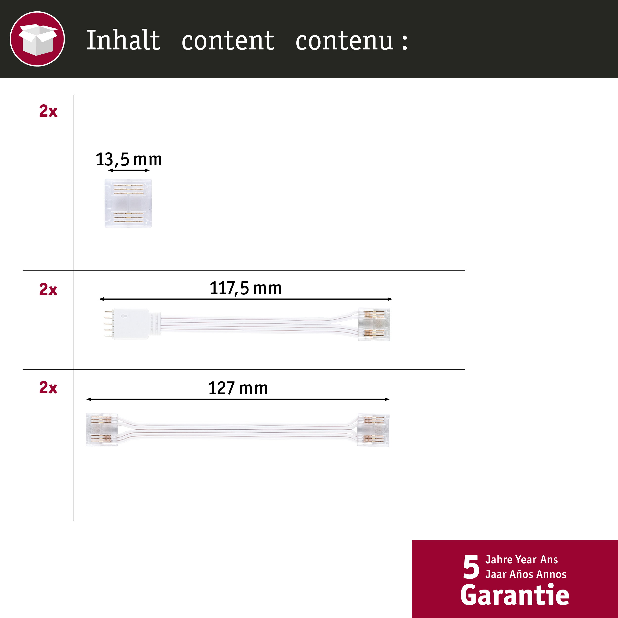 Zwei 13,5 mm Verbinder, zwei 117,5 mm und zwei 127 mm Kabel.