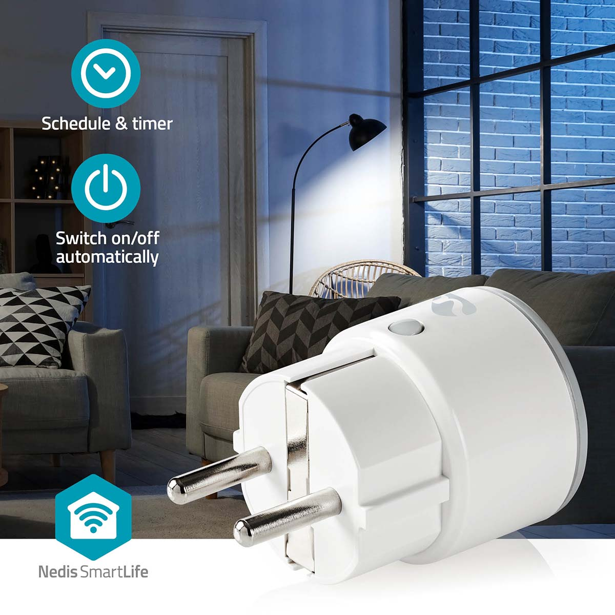 White smart plug in a living room, with icons for schedule and auto on/off.