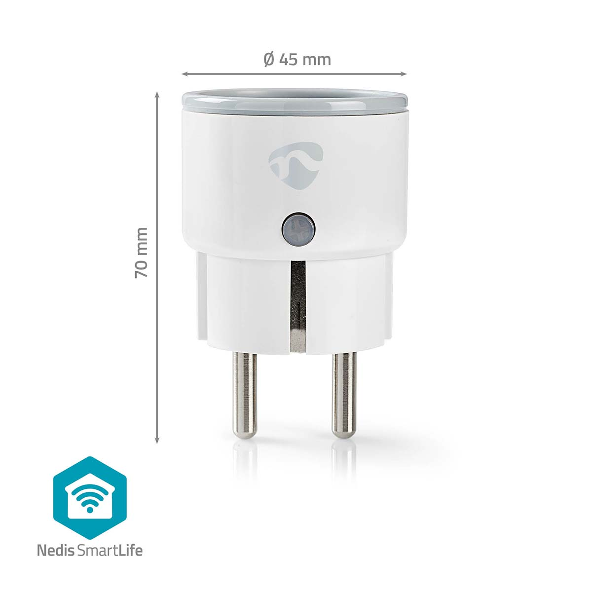 White smart plug, 45mm diameter and 70mm height.