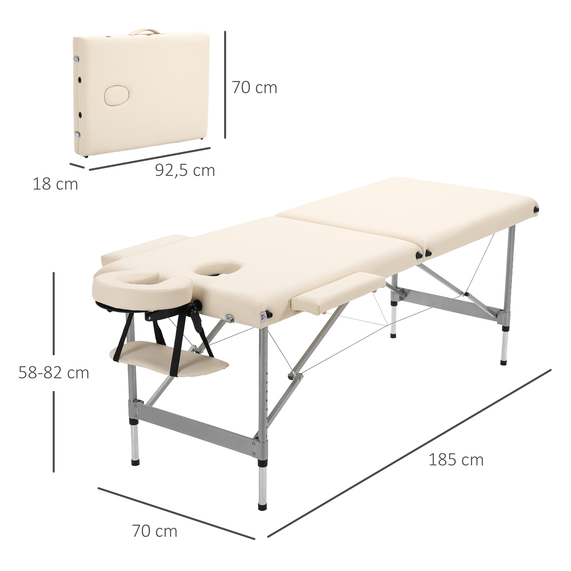 Se muestra una camilla de masaje beige, con las dimensiones indicadas. También se muestra plegada.