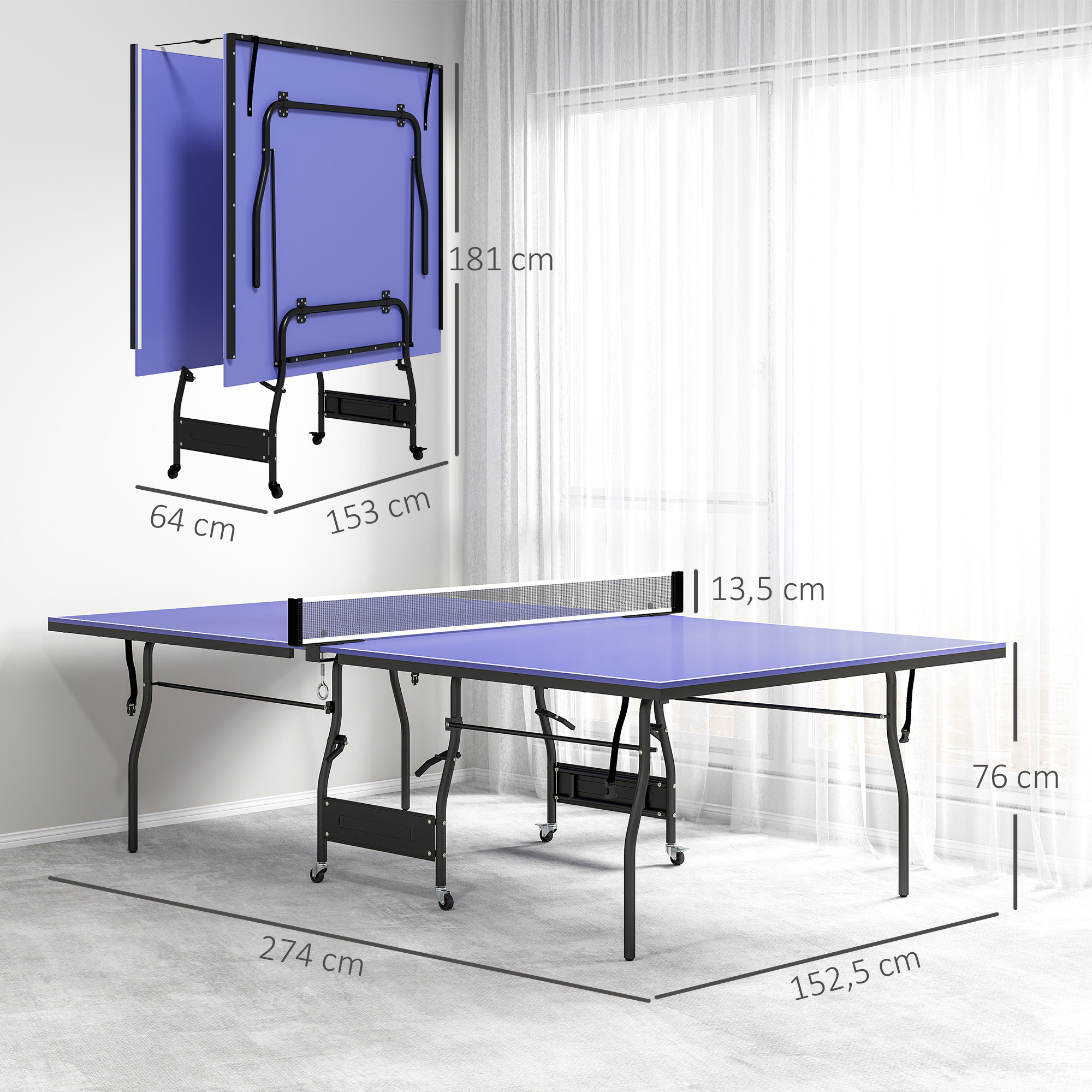 Una mesa de ping-pong azul plegable con red, se muestran las dimensiones.