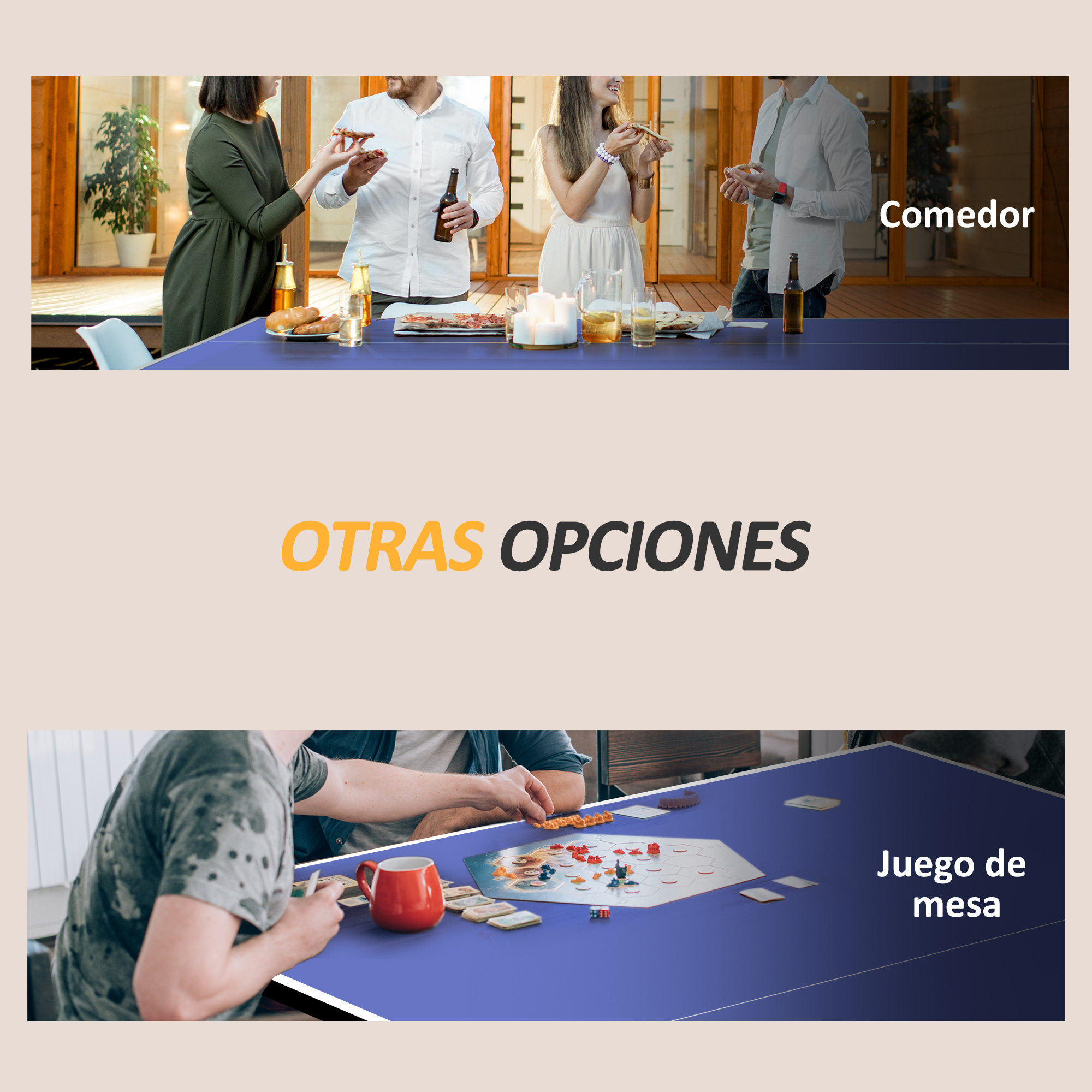 Gente comiendo pizza y bebiendo cerveza en una mesa azul.