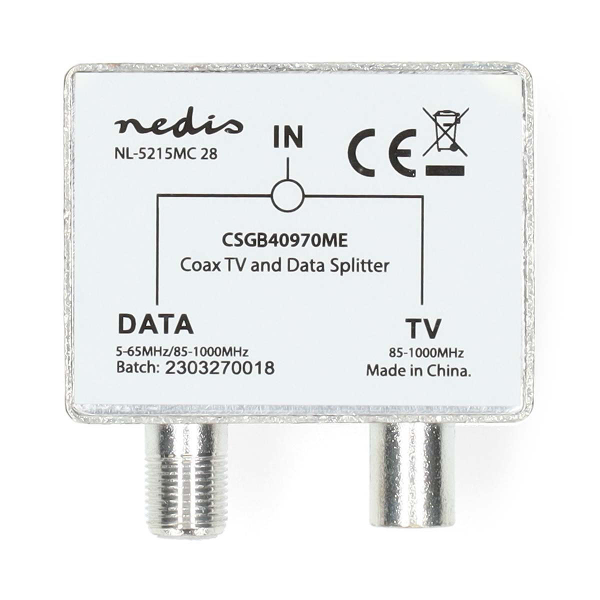Nedis Coax TV en Data Splitter, model CSGB40970ME, met IN, DATA en TV poorten.