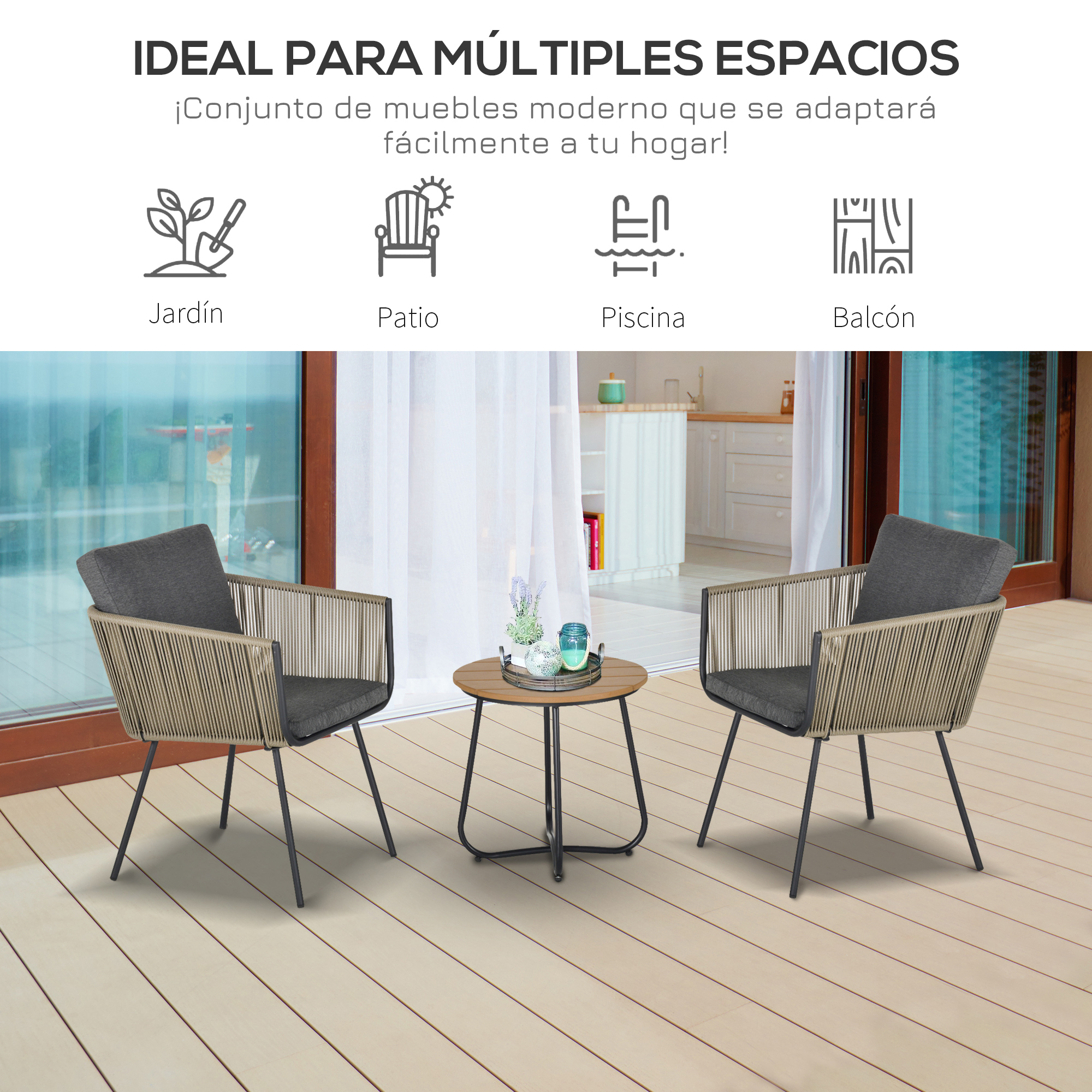 Dos sillones modernos y una mesa redonda sobre una terraza de madera.