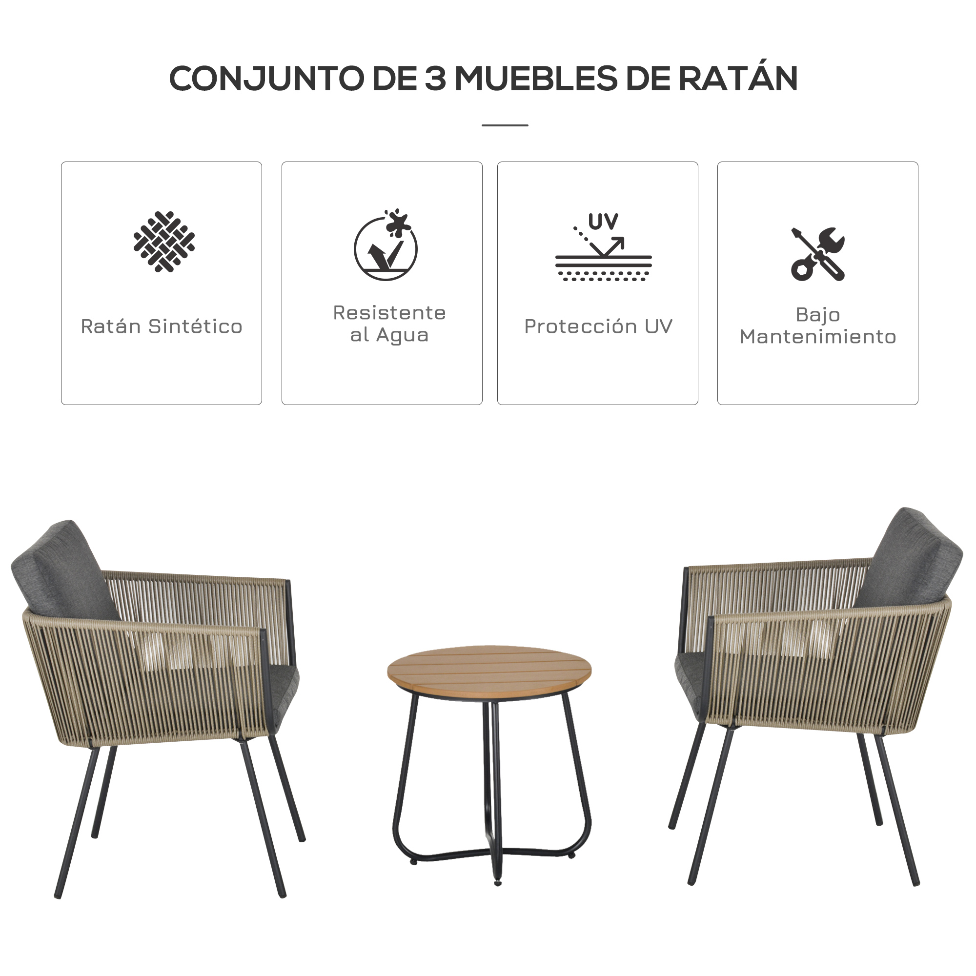 Un conjunto de muebles de ratán con dos sillones y una mesa redonda.