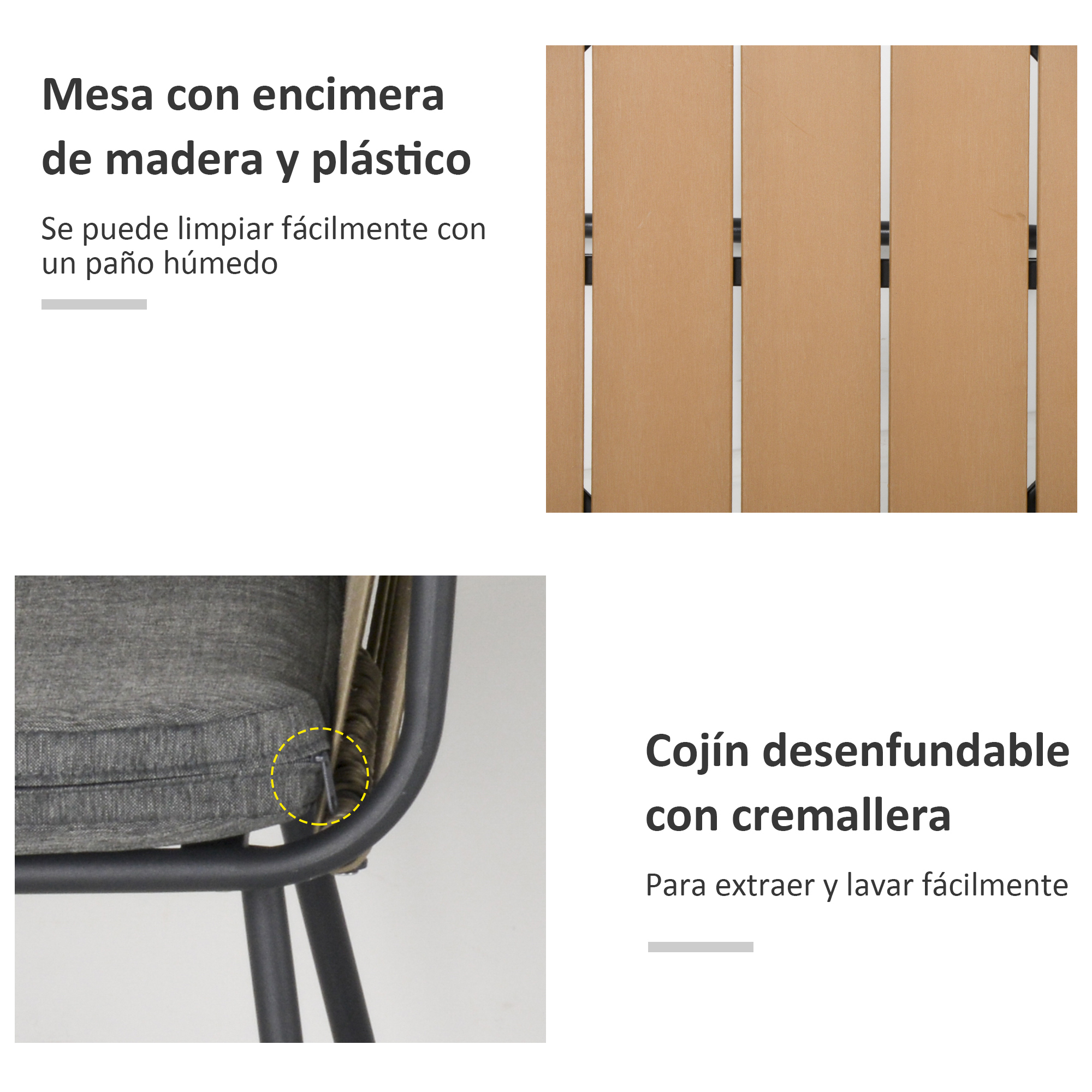 Mesa de madera y plástico, fácil de limpiar; cojín desenfundable.