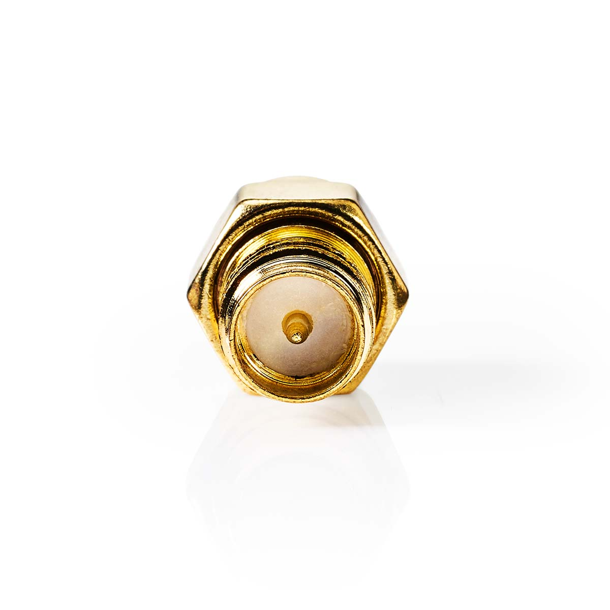 Goldener SMA-Steckverbinder mit sechseckiger Mutter und zentralem Stift.