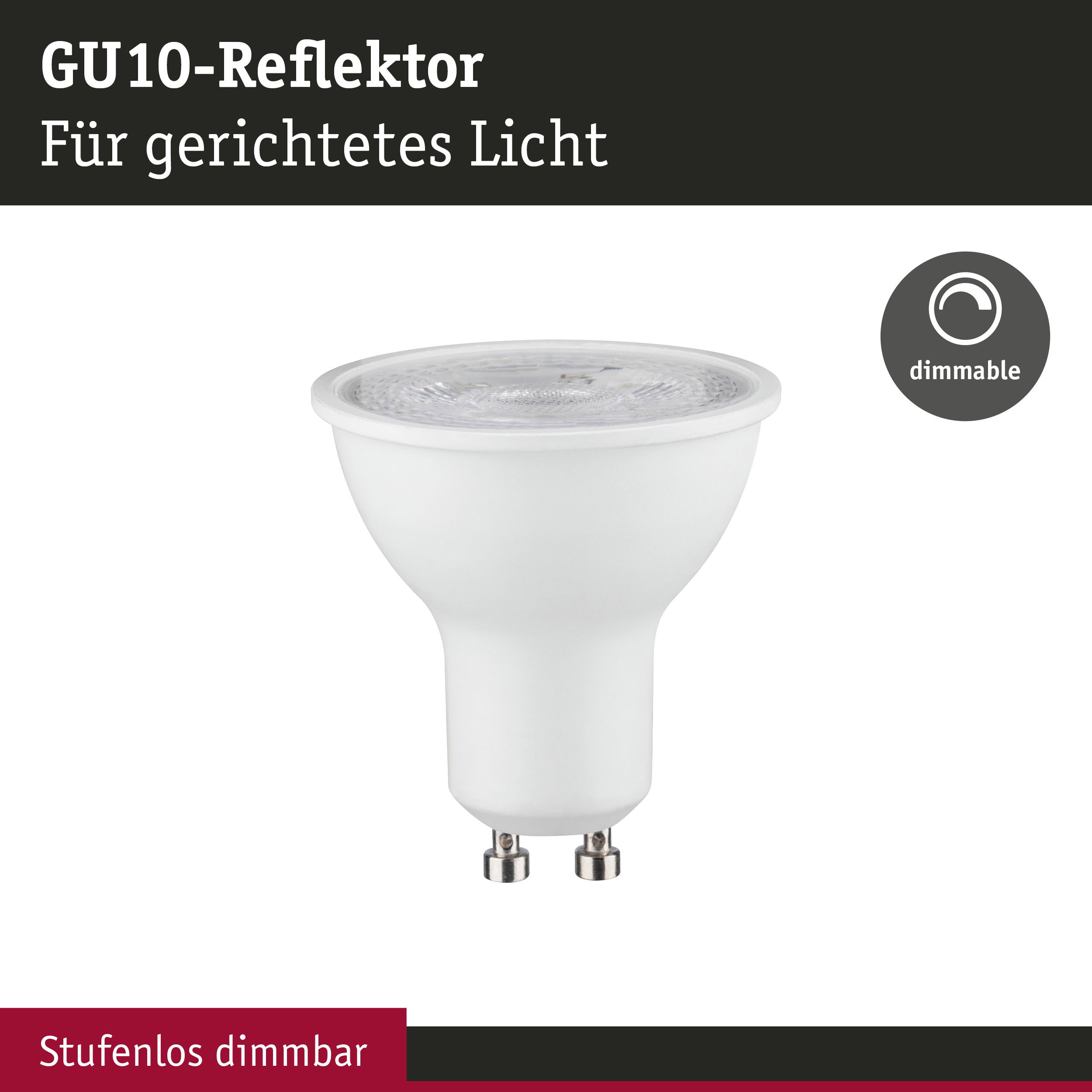 Biała żarówka LED GU10 z ikoną ściemniania. Tekst: Ściemnianie.