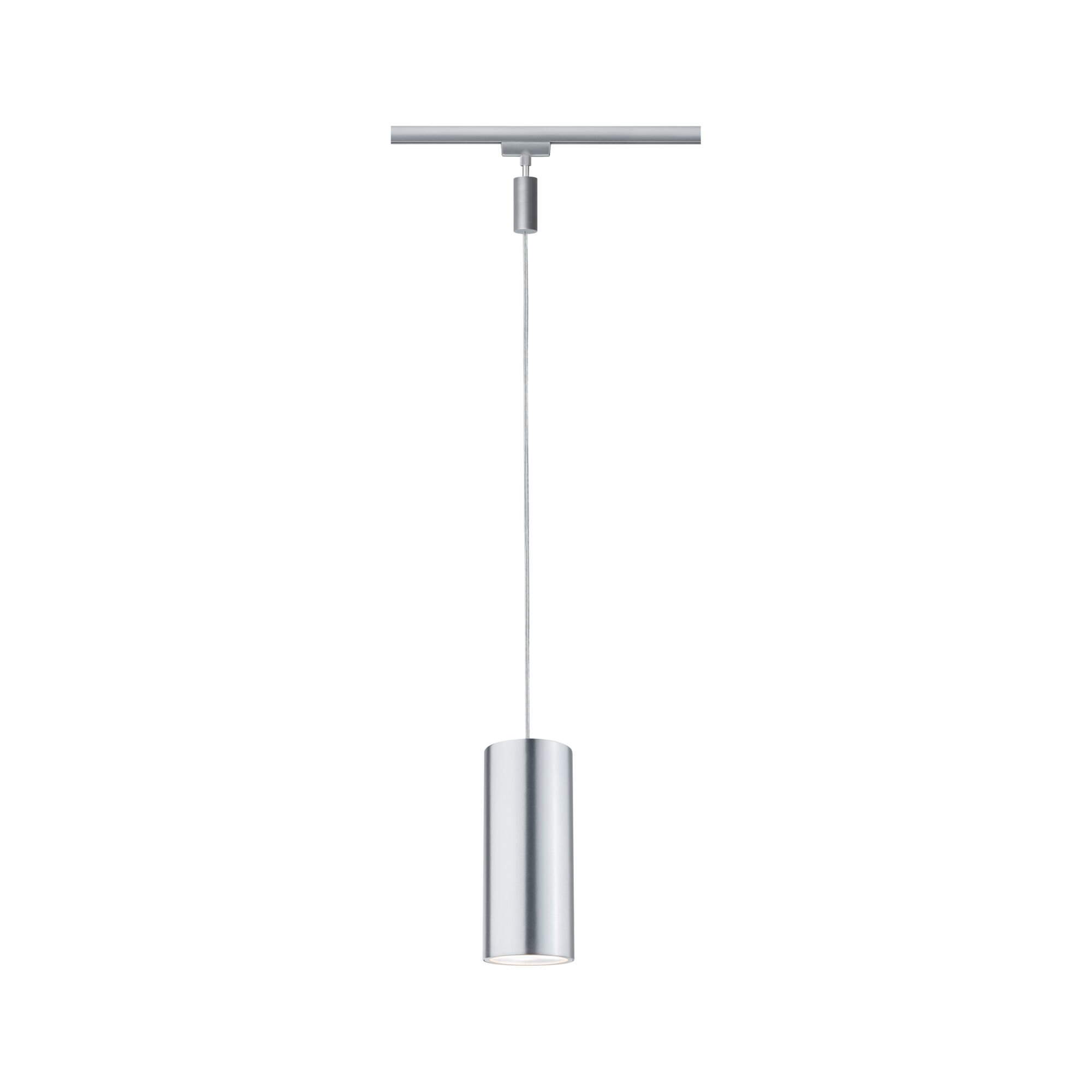 Ein zylindrischer, silberner Pendelleuchter hängt an einem Kabel von einer Schiene.