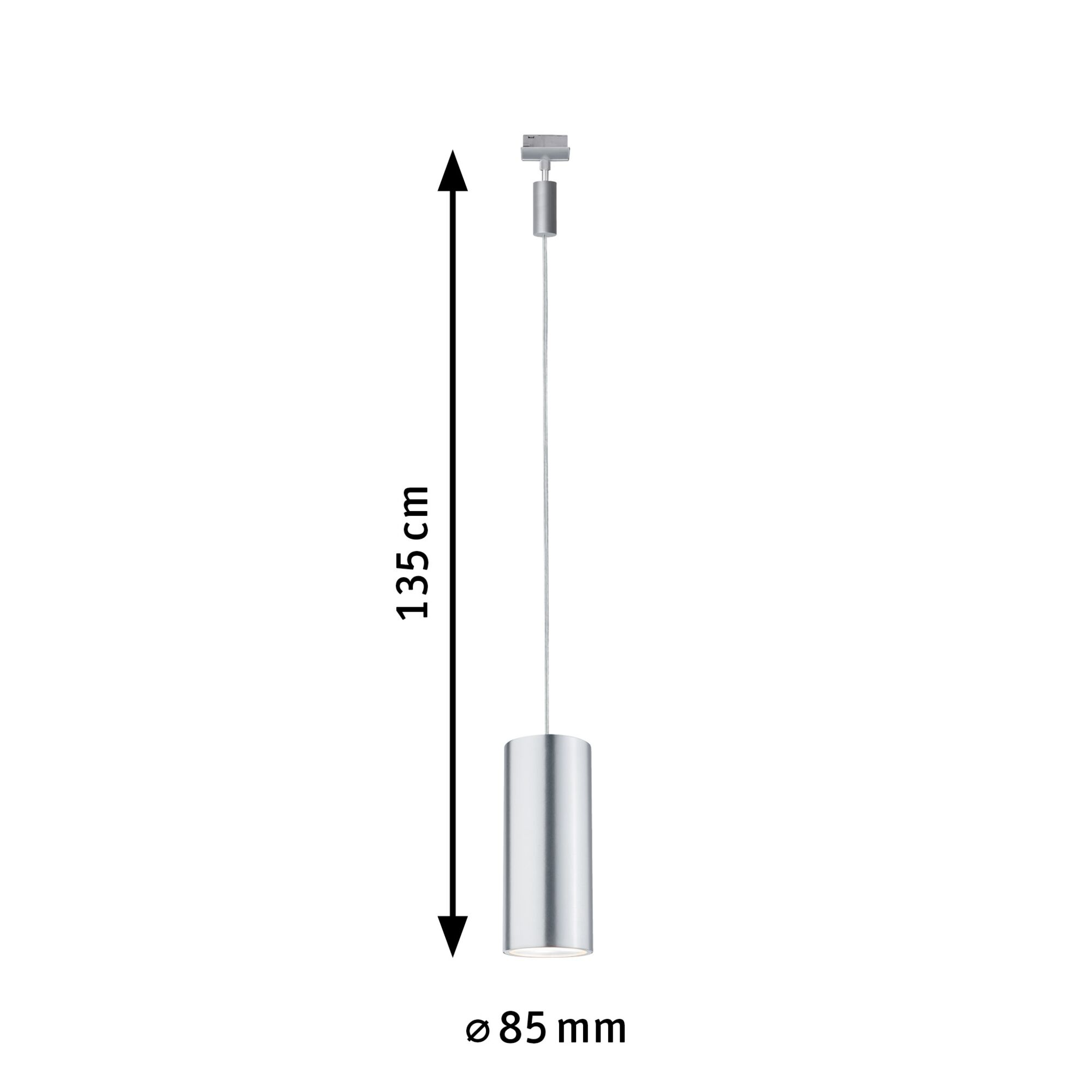 Zylindrische Hängeleuchte, silberfarben, mit Kabel und Deckenbefestigung. Maße: 135 cm H, 85 mm Ø.