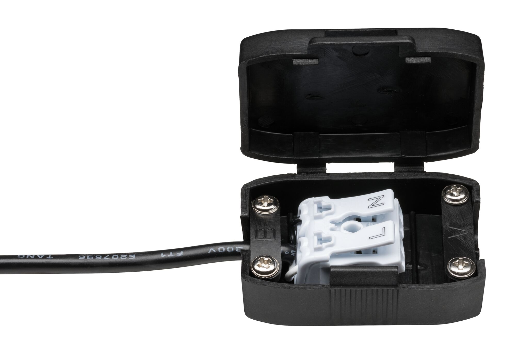 Un boîtier noir ouvert avec un bloc connecteur blanc et un câble noir.