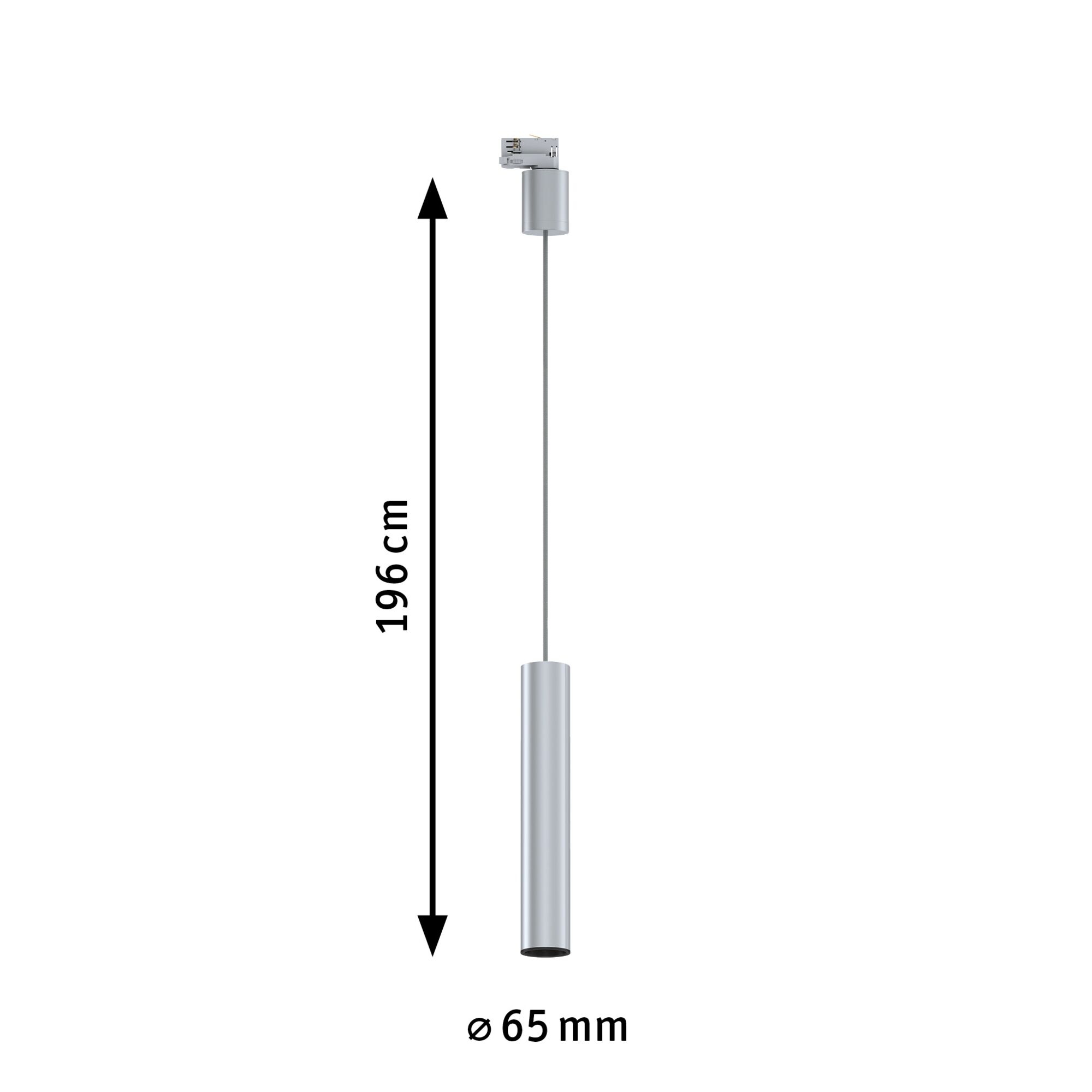 Silberne Pendelleuchte, 196cm lang, 65mm Durchmesser.