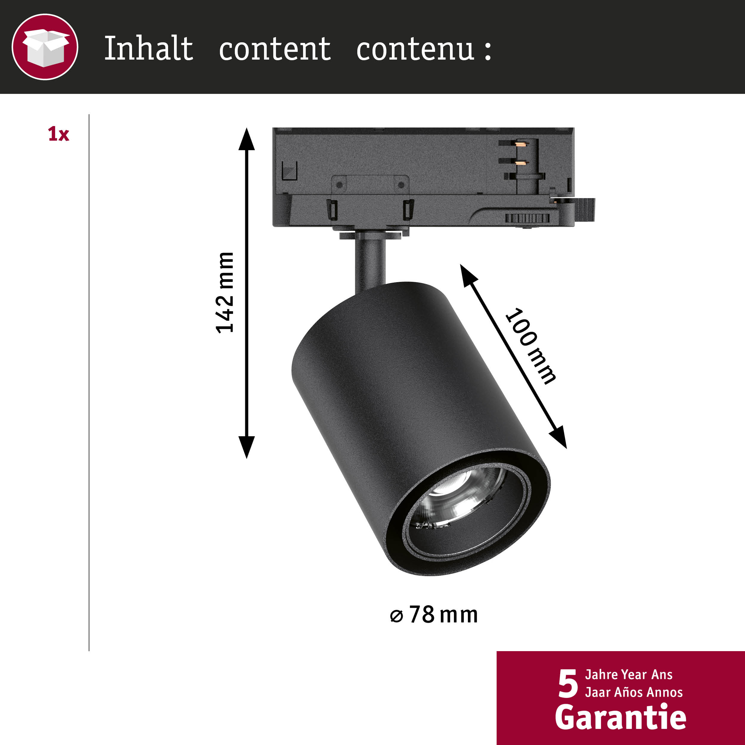 Czarny reflektor szynowy o wymiarach 142mm wysokości, 100mm długości, 78mm średnicy.