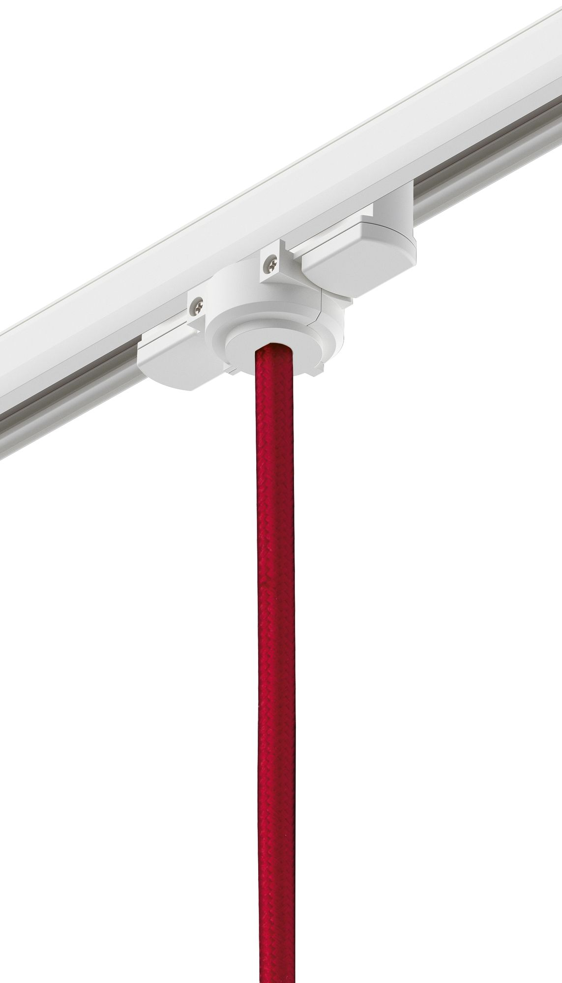 Ein rotes Kabel hängt von einer weißen Schiene ab.